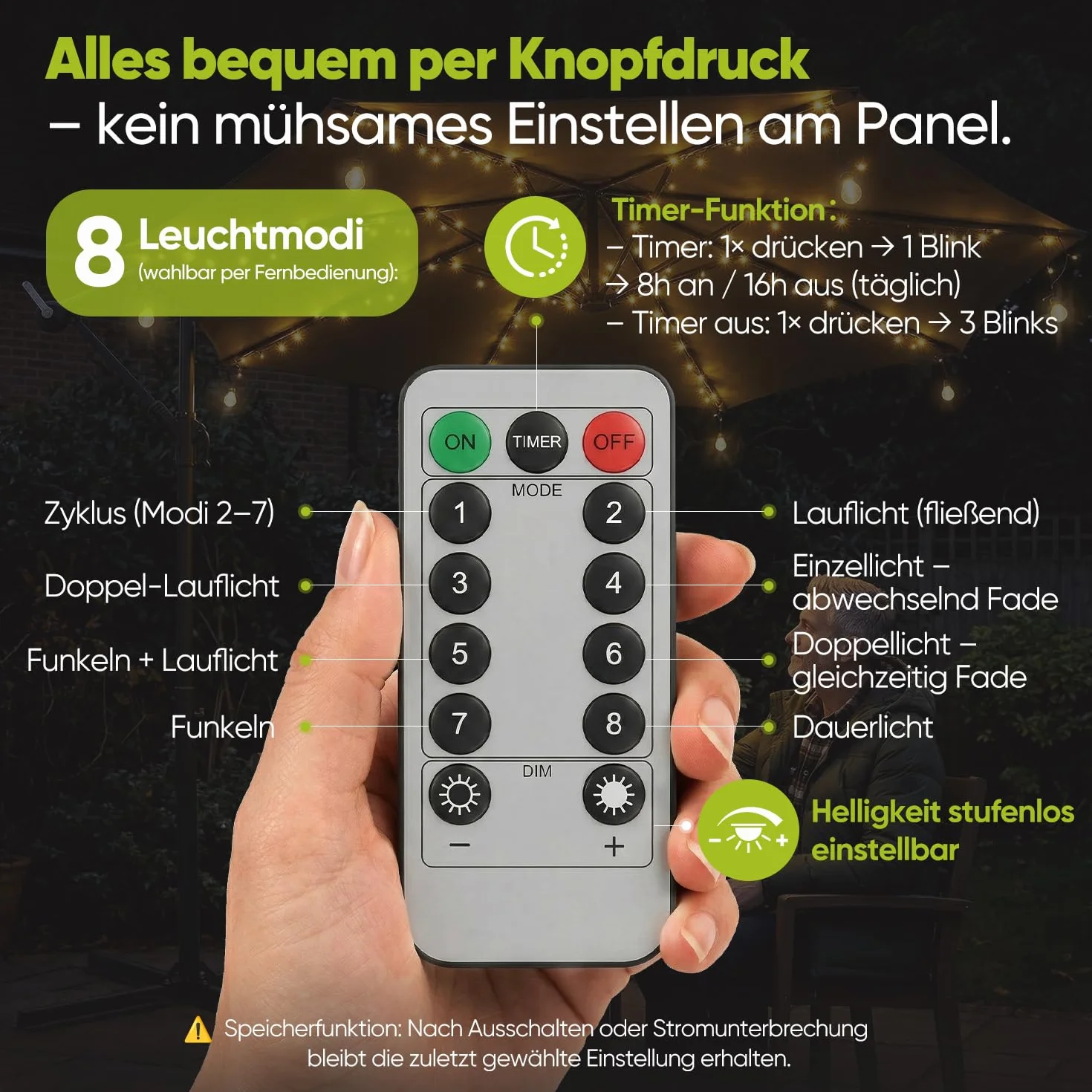 Sekey Sonnenschirm Beleuchtung Solar LED Lichterkette mit 136 LEDs & 8 Glühbirnen, Fernbedienung 8 Modi, Garten Terrasse Party Deko Licht für Ampelschirm und Sonnenschirm