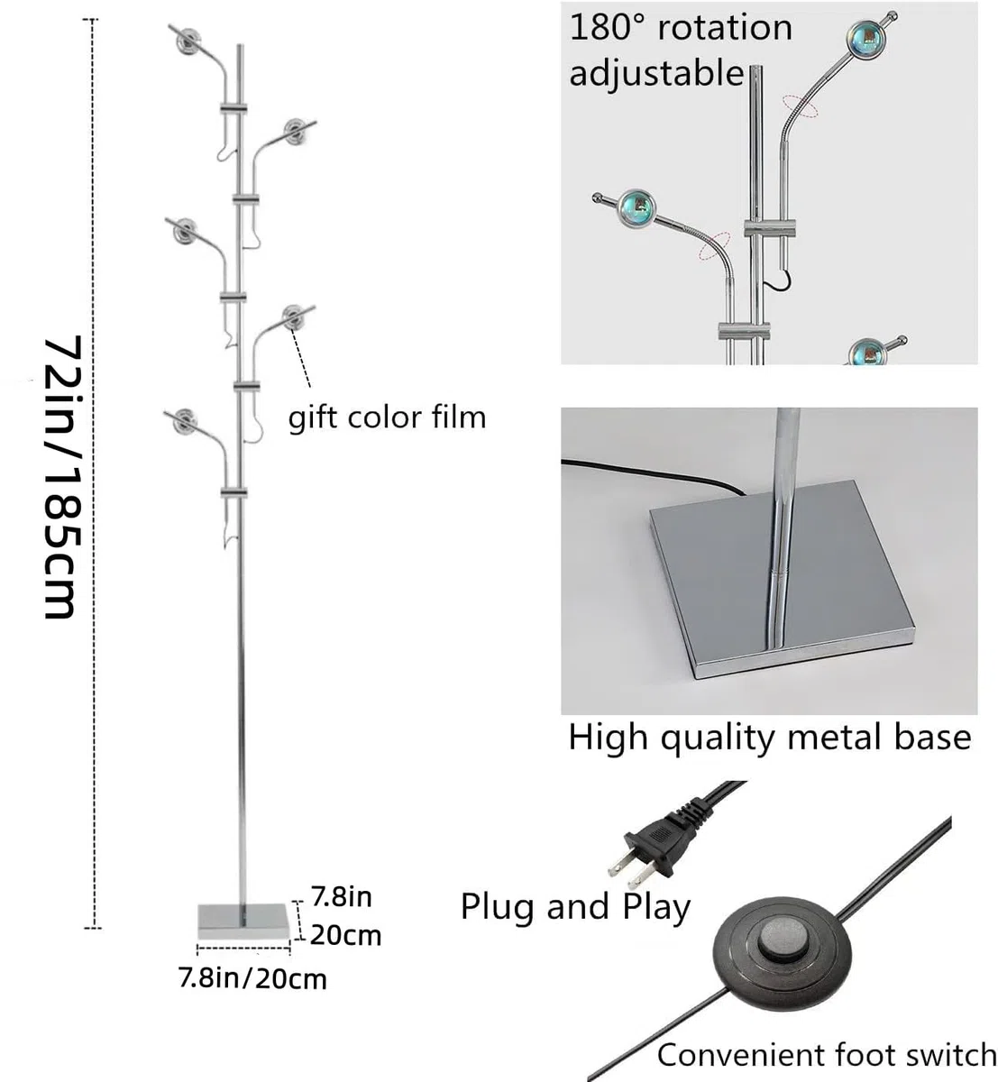 NKU Sunset Stehlampe, Projektor, 5 Köpfe, Multi-Kopf-Stehlampe mit austauschbaren Filtern, Stimmungsbeleuchtung für Schlafzimmer, Wohnzimmer, 183 cm, Chrom, einzigartig, modern, bunt