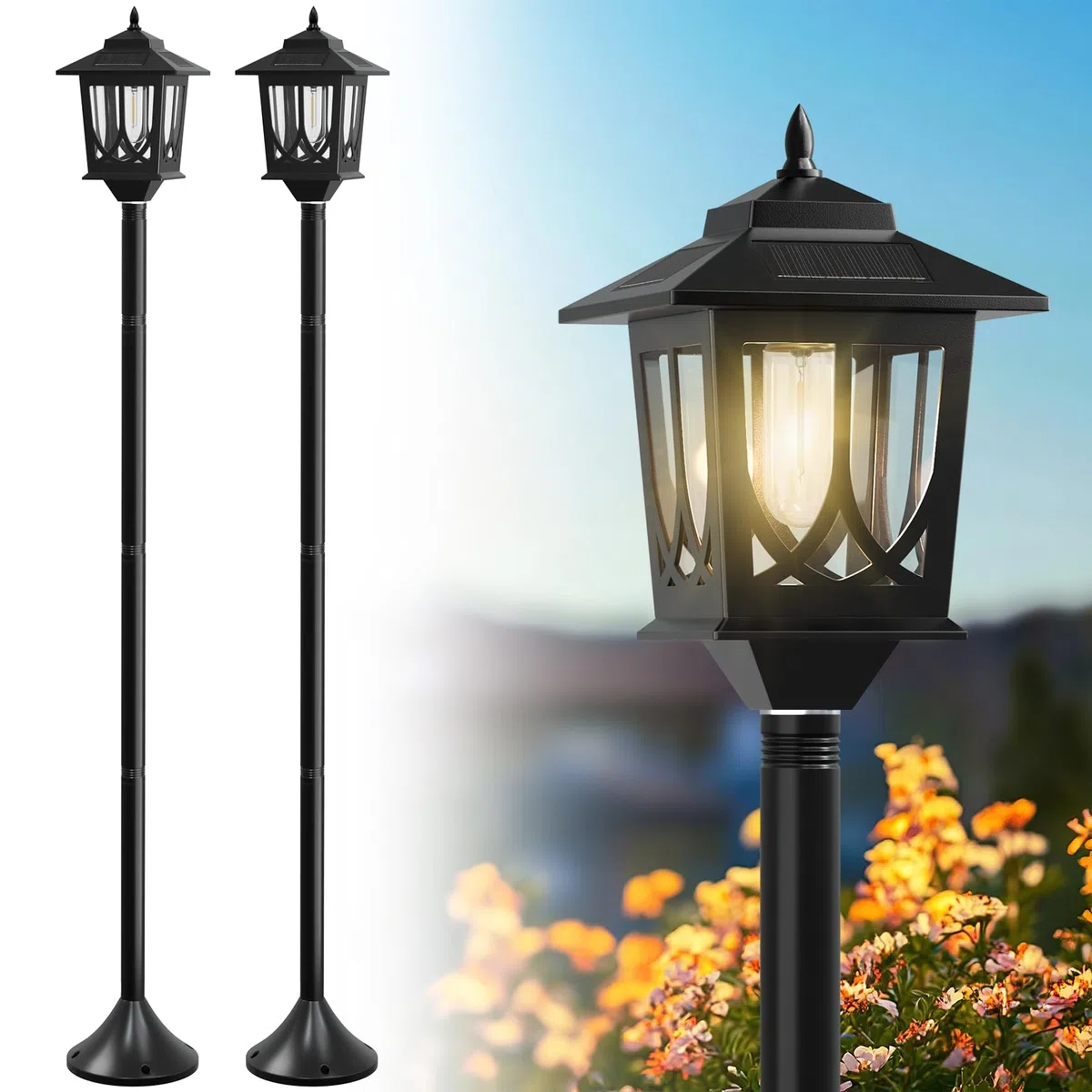 Solar-Lampenpfosten, 160 cm, 2 Stück, Solar-Lichtpfosten für den Außenbereich, wasserdicht, Außenlampen für Terrasse, Hinterhof, Veranda, Dekoration, warmweiß, austauschbare Glühbirne
