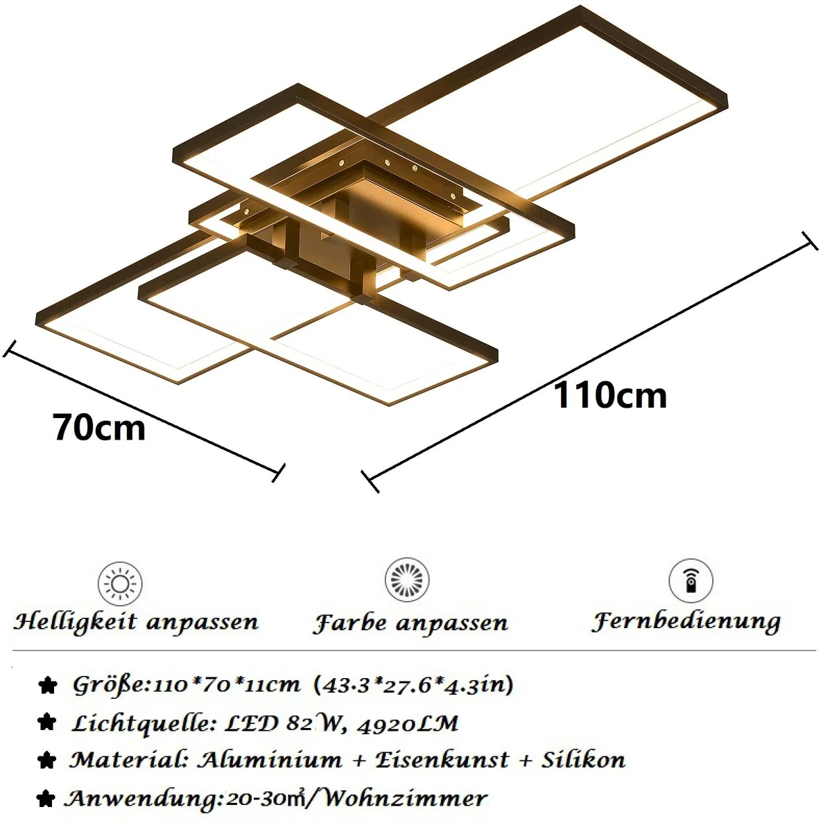 Moderne LED Deckenleuchte Dimmbar 82W, Wohnzimmerlampe Rechteck Deckenlampe Leuchten Schlafzimmer mit Fernbedienung Lichtfarbe Helligkeit Farbwechsel, Deckenbeleuchtung Lampe Dimming Innenbeleuchtung