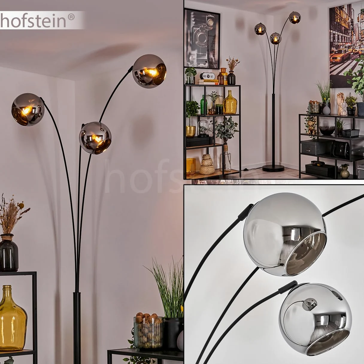 Stehleuchte Koyoto, Stehlampe aus Metall/Glas in Schwarz/Chromfarben, Leuchte im modernen Retro/Vintage-Design mit Schirmen aus Glas (Ø 15 cm) u. Fußschalter, Höhe 210 cm, 3 x E14, ohne Leuchtmittel