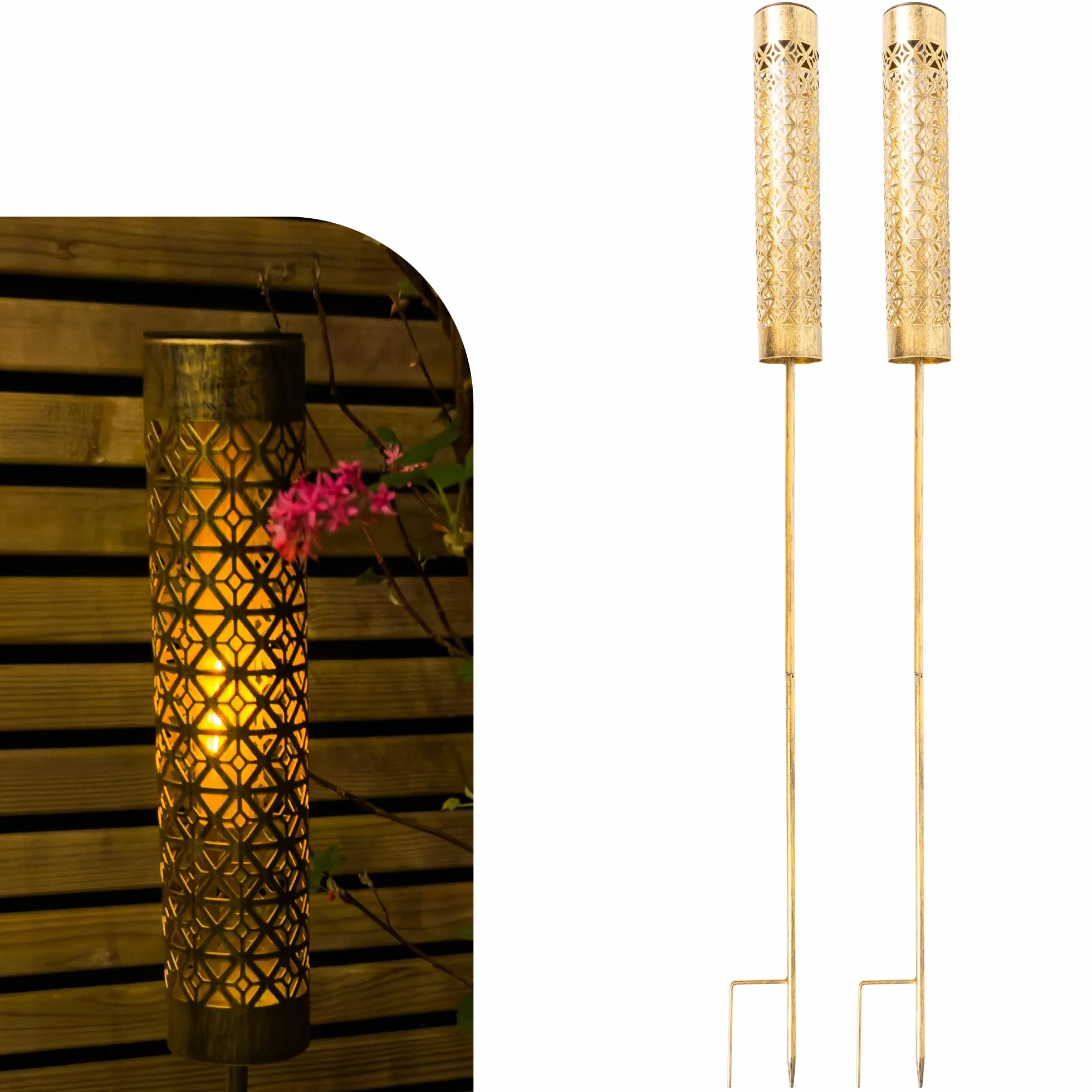 Gadgy Solar Gartenfackeln mit Beweglichem Flammeneffekt – 2er Set LED Fackel Solarleuchten aus Metall – Wetterfeste Gartenbeleuchtung & Deko für Außenbereich, Terrasse & Balkon