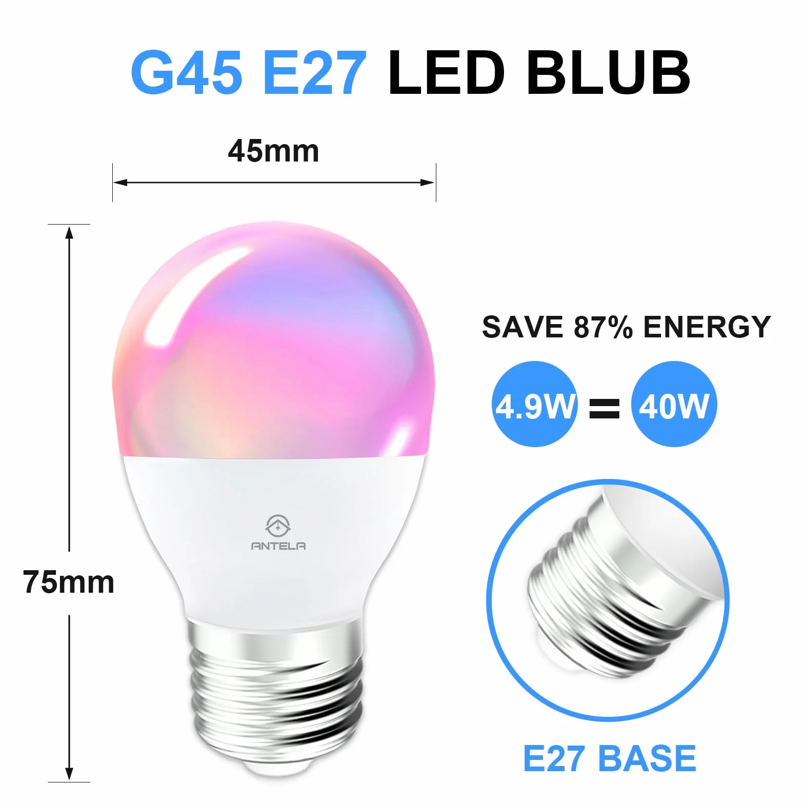 ANTELA Alexa Glühbirne E27 G45 5W 470LM Smart WLAN LED RGB Dimmbare Birne Lampe, App Steuern Kompatibel mit Google Home, Warmweiß (2700K) Kaltweiß (6500K) Licht, 2PCs