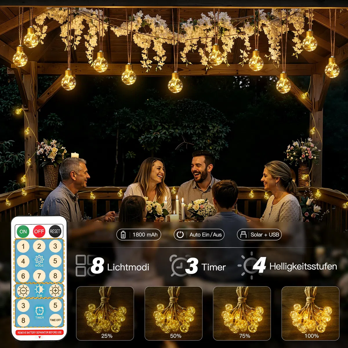 Ollny Solar Lichterkette Aussen, 16 LED Glühbirnen 8M, Lichterkette Außen Solar mit 8 Modi, Timer, Dimmbar & Memory Funktion, Wetterfest für Garten, Balkon Deko, Warmweiß