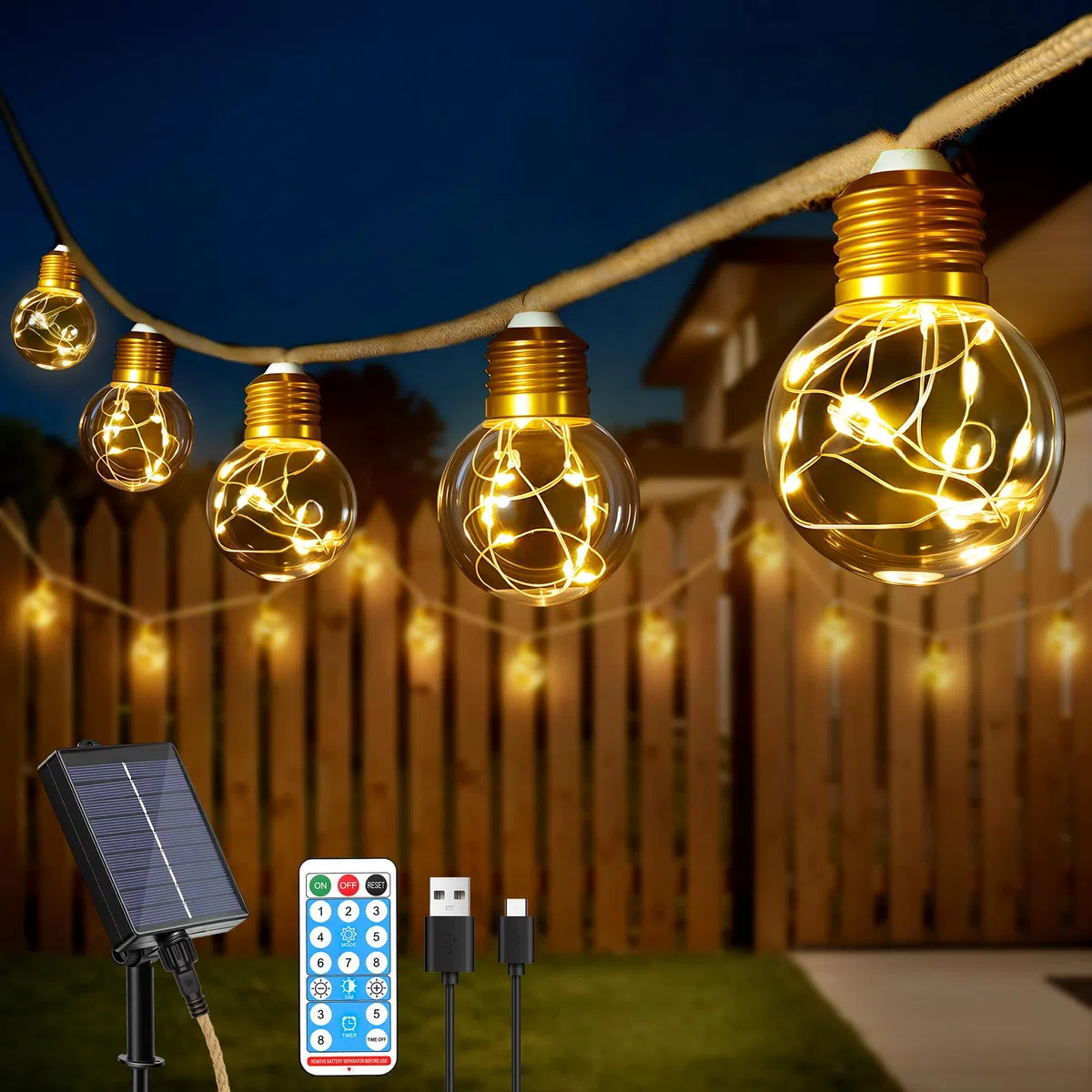 Ollny Solar Lichterkette Aussen, 16 LED Glühbirnen 8M, Lichterkette Außen Solar mit 8 Modi, Timer, Dimmbar & Memory Funktion, Wetterfest für Garten, Balkon Deko, Warmweiß