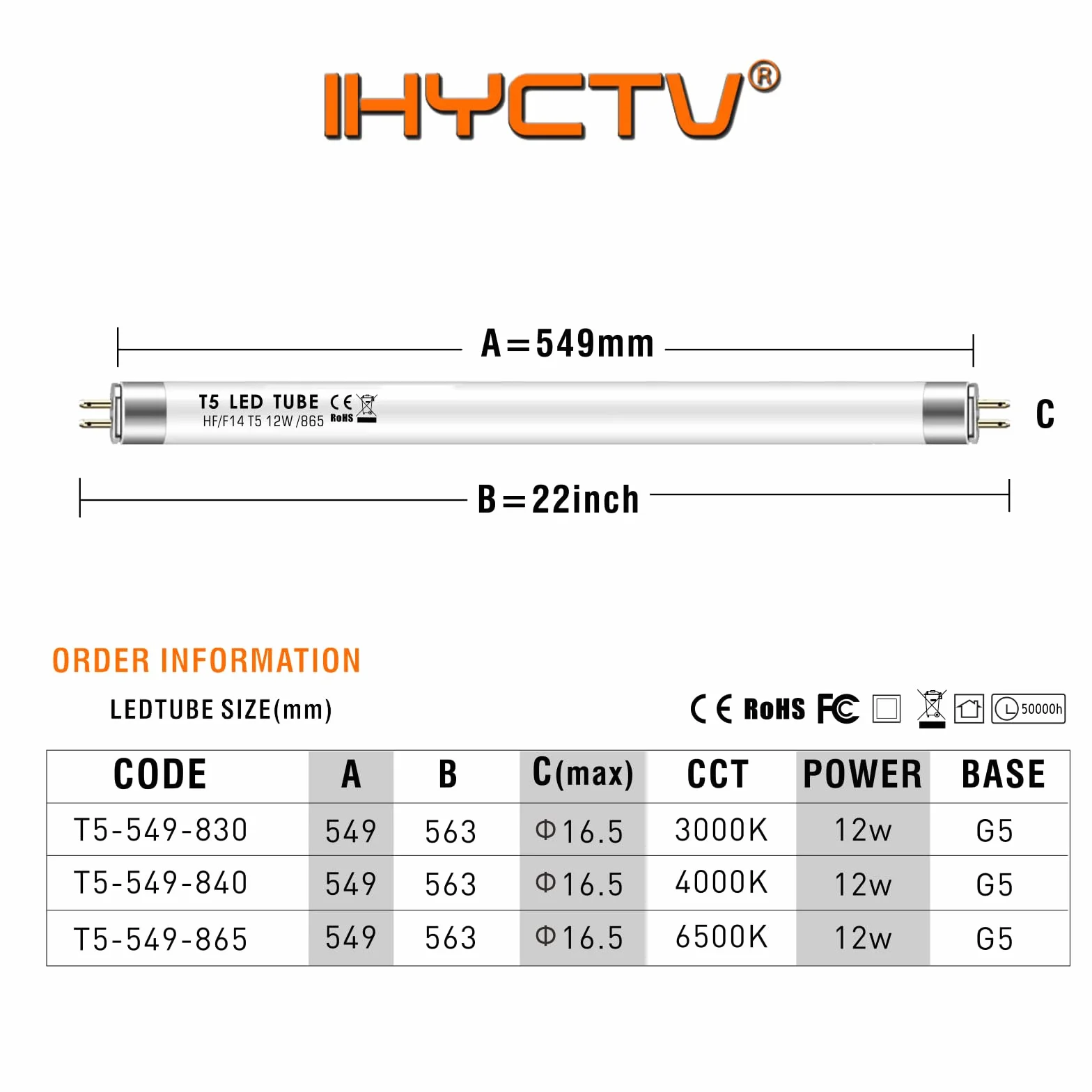 IHYCTV EVG LED Röhre T5 549mm, Tageslichtweiß, 6500K, F14T5, 12W, 1550lm, 140 Grad, Blendfrei, ersatz für leuchtstoffröhre mit G5 Sockel, 1 Stück