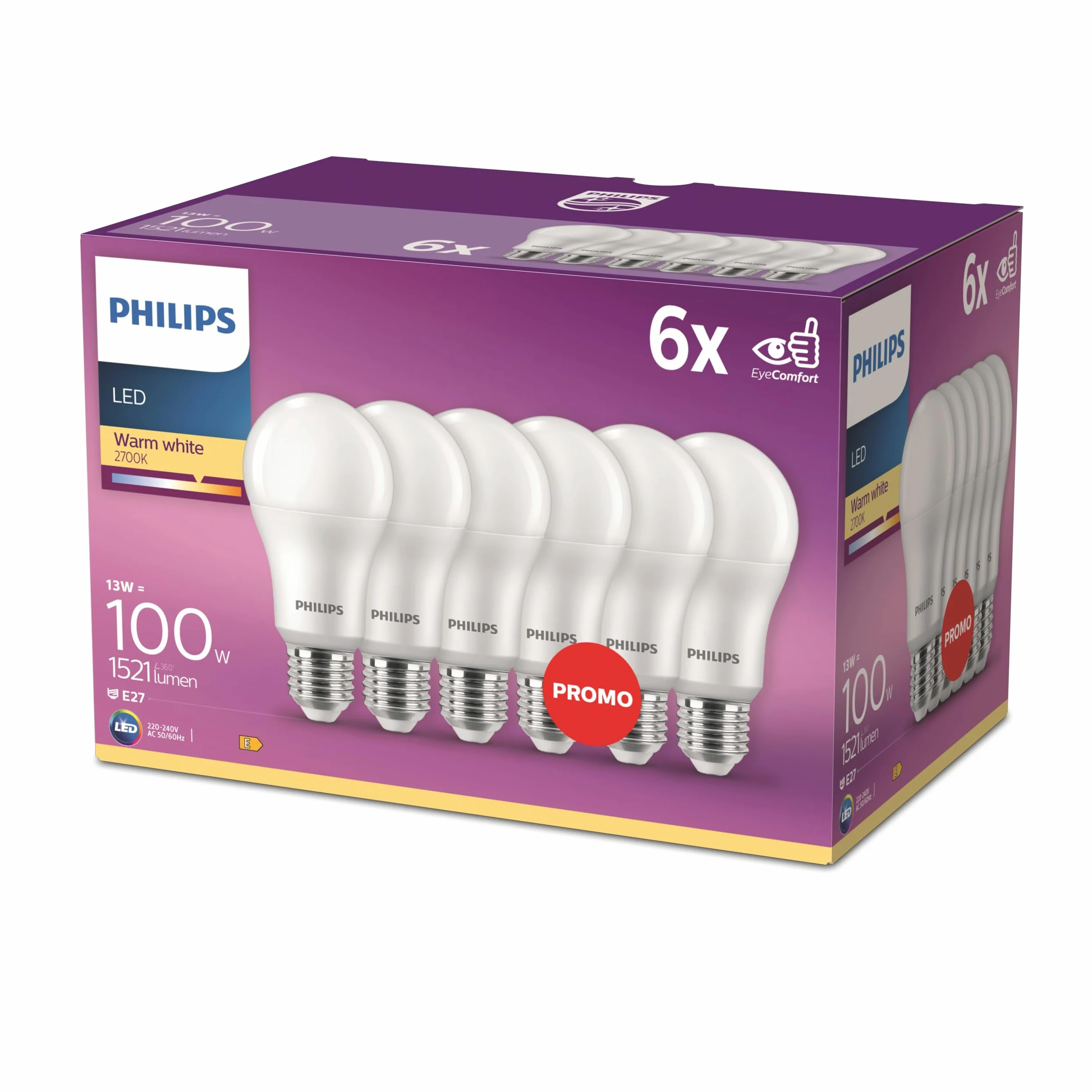 PHILIPS LED Classic E27 Lampen 6-er Pack (100 W), matte LED Lampen mit warmweißem Licht, energiesparende Lampen mit langer Nutzlebensdauer, neue Generation