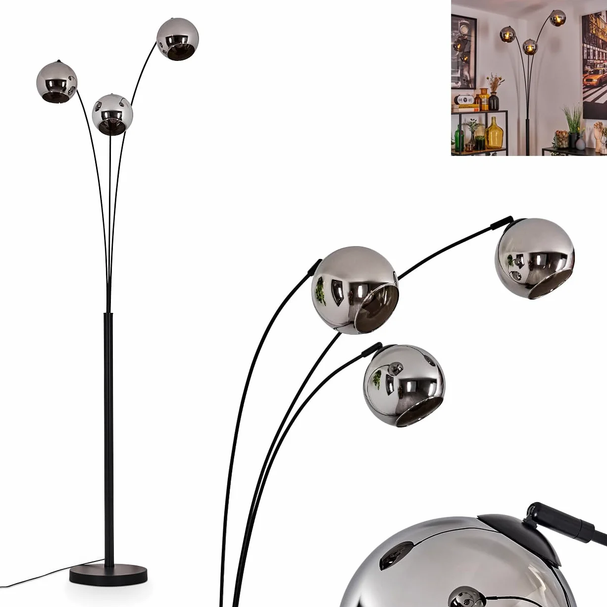 Stehleuchte Koyoto, Stehlampe aus Metall/Glas in Schwarz/Chromfarben, Leuchte im modernen Retro/Vintage-Design mit Schirmen aus Glas (Ø 15 cm) u. Fußschalter, Höhe 210 cm, 3 x E14, ohne Leuchtmittel