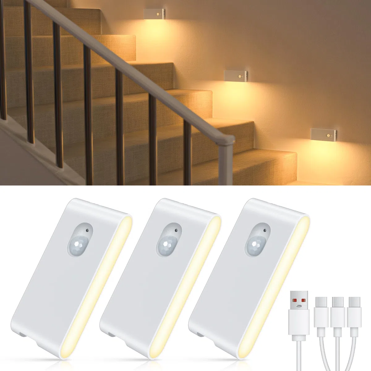 WILLED Treppenlicht mit Bewegungsmelder, Aufladbares LED Nachtlicht, Kabelloses Nachtlicht für Treppe, Flur, Schlafzimmer, Küche und Badezimmer, Warmweiß, 3 Stück