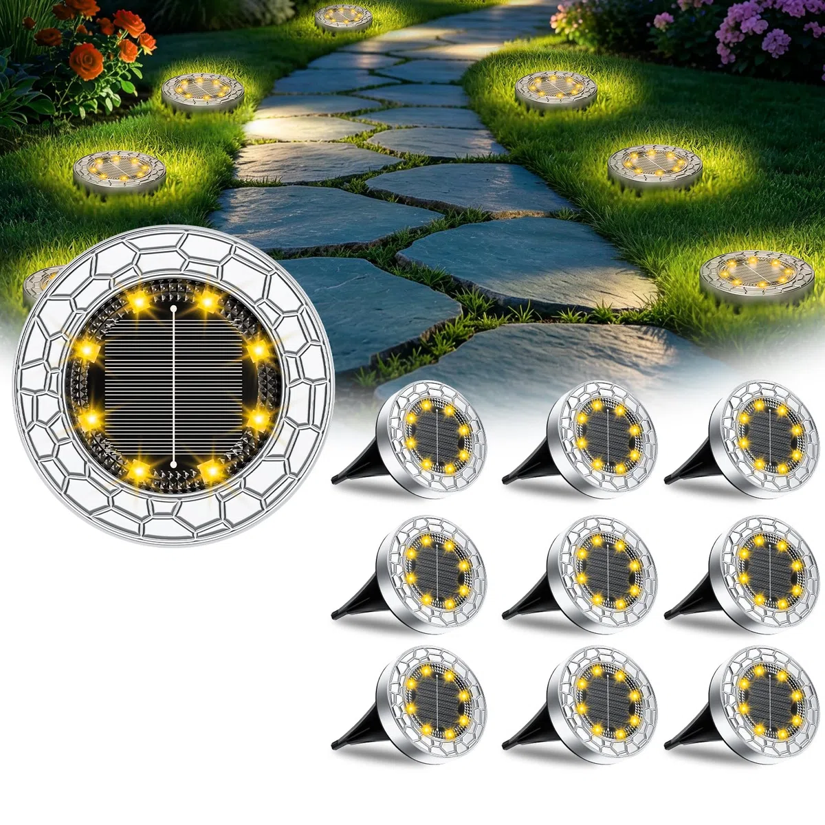 FIFlying 10 Stück Solar Bodenleuchten Aussen 8 LED Solarlampen für außen IP65 Wasserdicht Gartenbeleuchtung Warmweiß Solarleuchten für Garten Weg Einfahrt Rasen Gehweg Patio Terrasse