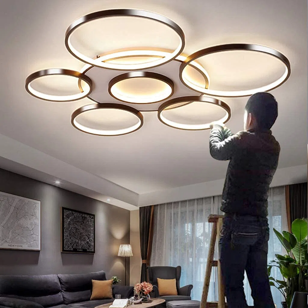Deckenleuchte LED Modern Groß Wohnzimmerlampe Dimmbar Fernbedienung Deckenlampe Ring Design Decke Schlafzimmerlampe Deckenlicht Acryl Lampenschirm Esszimmer Küche Leuchte Büro Pendelleuchte,7 heads