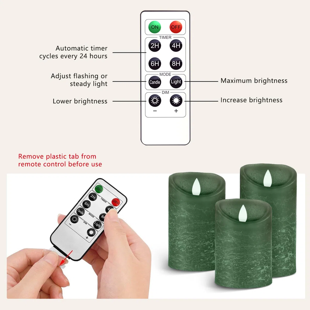 3 Set Grün LED Kerzen Batteriebetriebene mit Fernbedienung，Flammenlose Echtes Wachs Flackern Moving Wick Flackern Amber Yellow Light Pillar Candles，Unscented Wachs für Geschenk/Dekoration