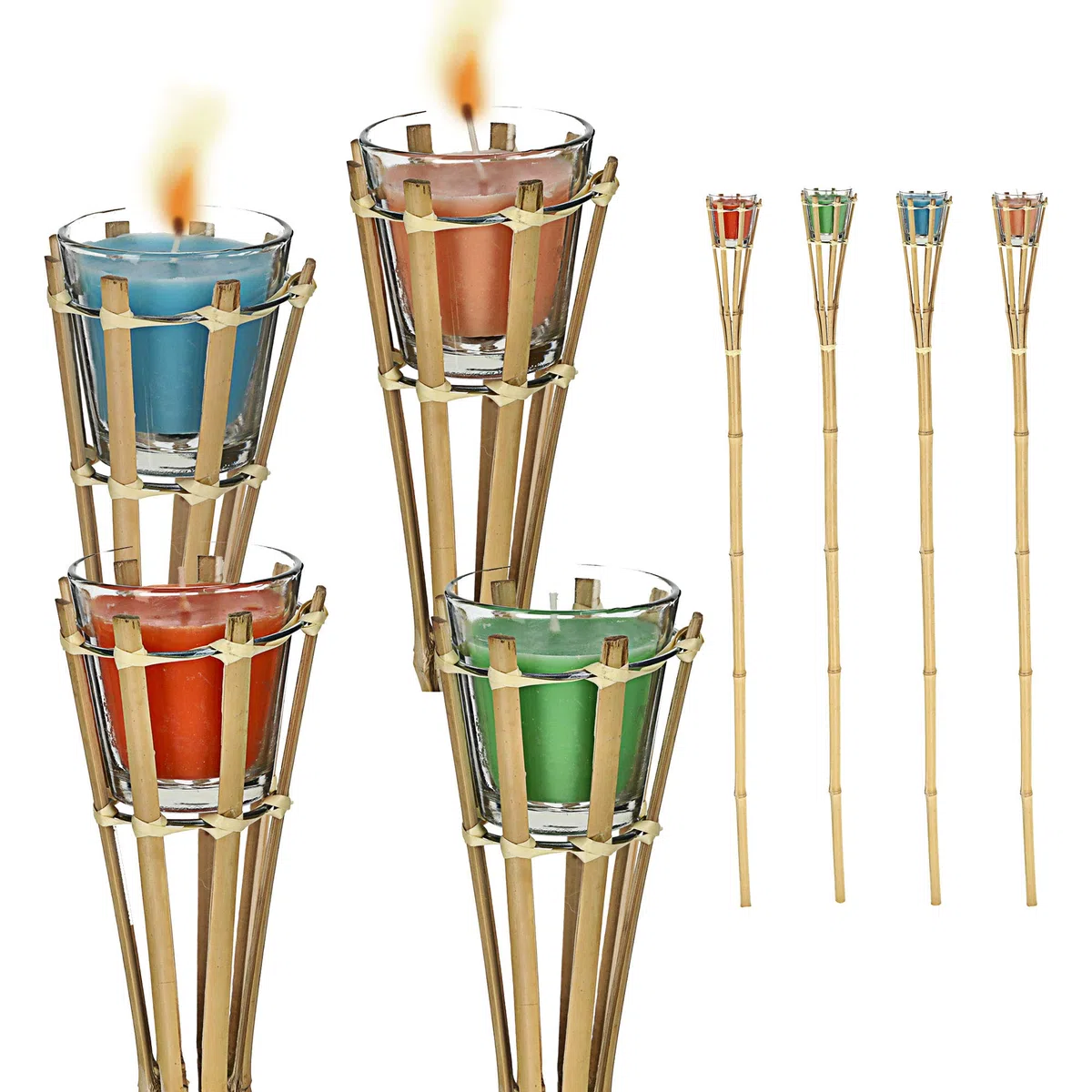 Gartenfackel Bambus Citronella | Zitronenduft H 120 cm Glas Wachs farbig | Duftkerze im Glas Fackel (1 x 4er Set Gartenfackel)