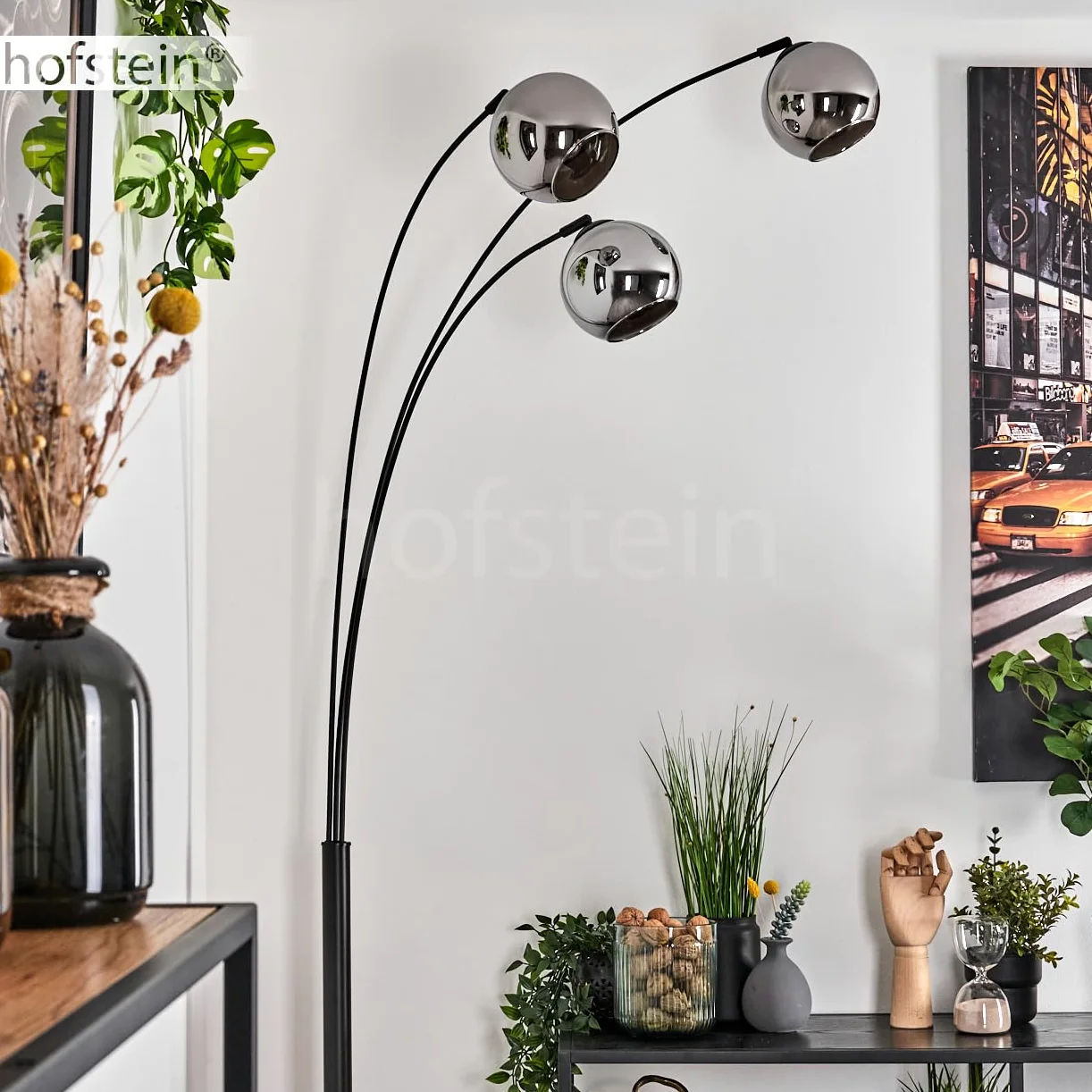 Stehleuchte Koyoto, Stehlampe aus Metall/Glas in Schwarz/Chromfarben, Leuchte im modernen Retro/Vintage-Design mit Schirmen aus Glas (Ø 15 cm) u. Fußschalter, Höhe 210 cm, 3 x E14, ohne Leuchtmittel