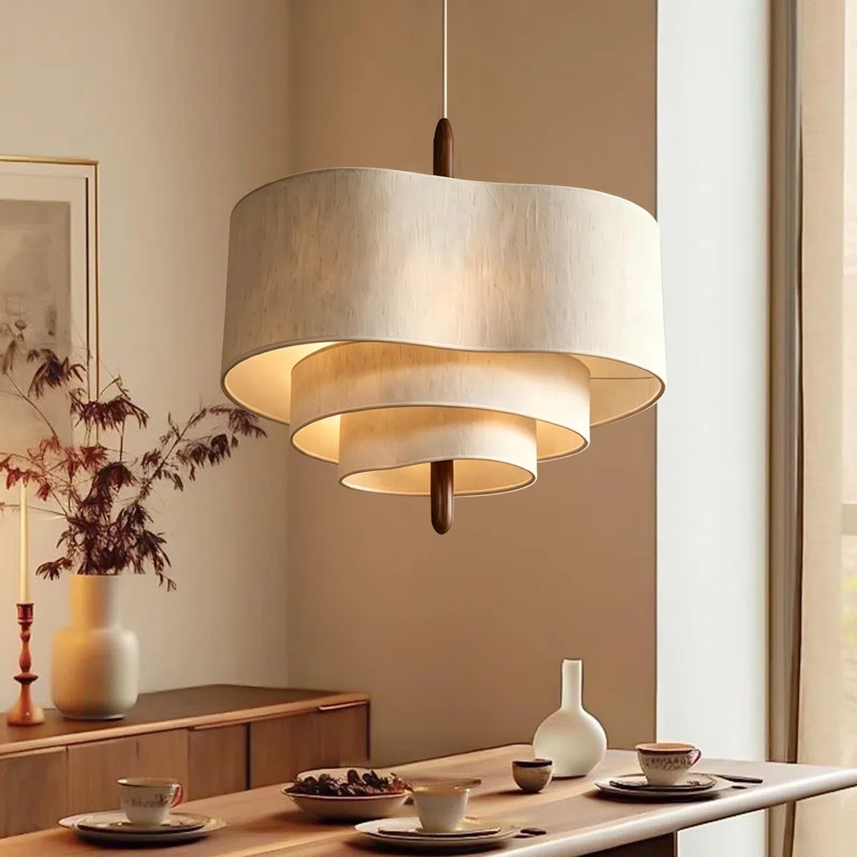 NVKE Wabi-Sabi-Hängelampe Moderne Pendelleuchte Für Esszimmer E27 Verstellbares Hängeleuchte Kabel Leinenschirm Hängendes Licht Für Schlafzimmer Wohnzimmer Flur Küche Lampe(45CM)