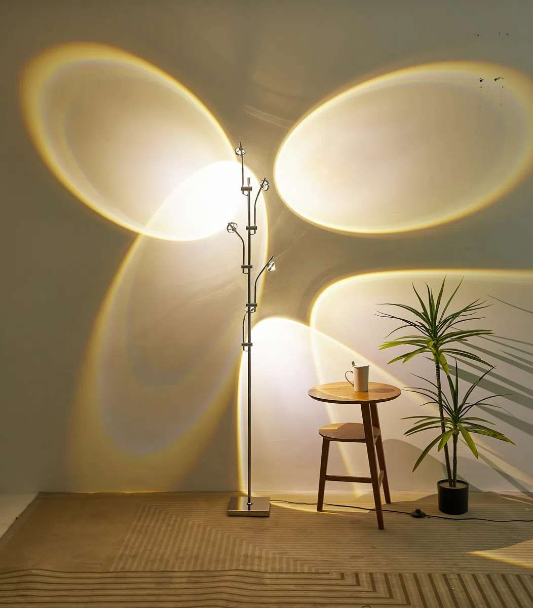 NKU Sunset Stehlampe, Projektor, 5 Köpfe, Multi-Kopf-Stehlampe mit austauschbaren Filtern, Stimmungsbeleuchtung für Schlafzimmer, Wohnzimmer, 183 cm, Chrom, einzigartig, modern, bunt