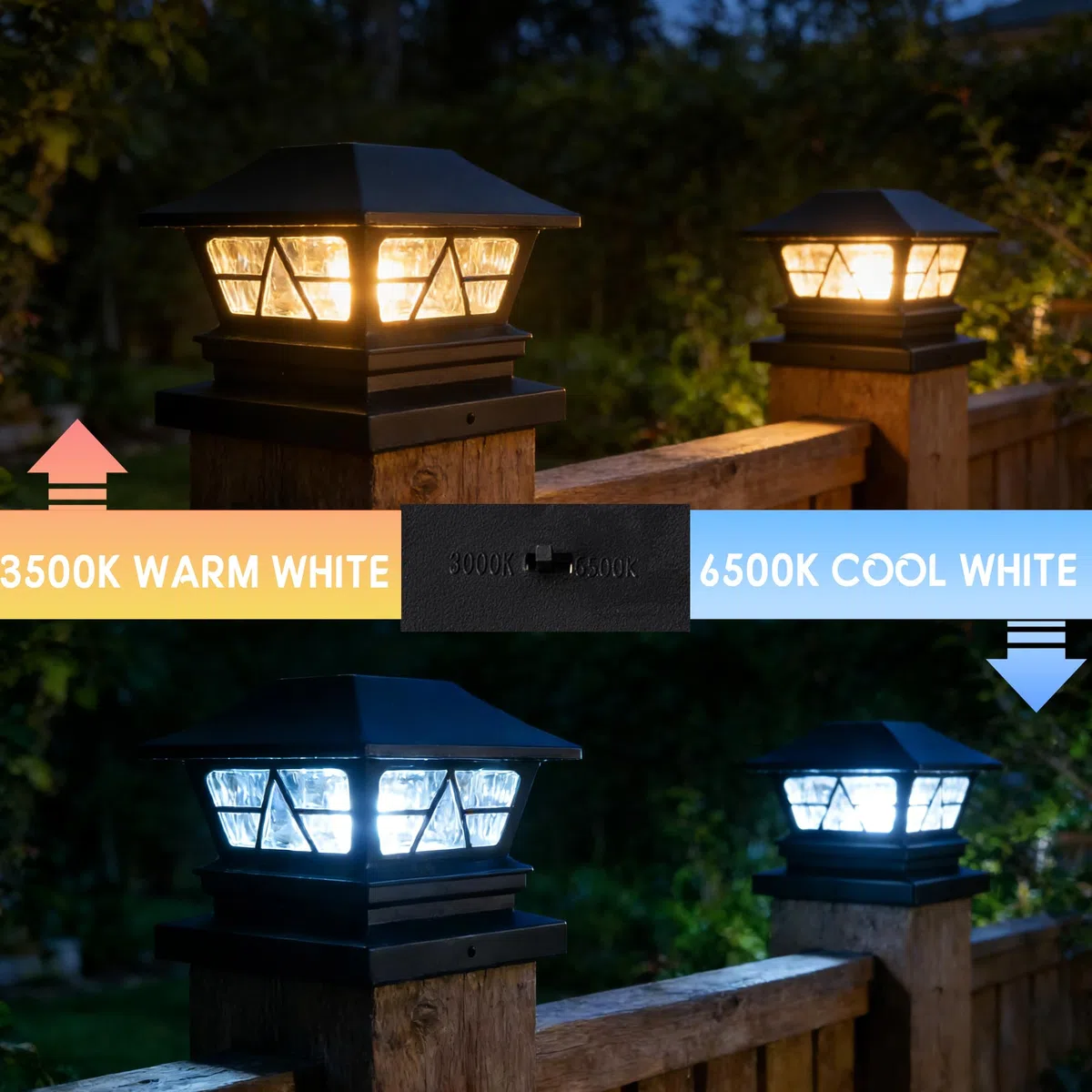 TW SHINE Solar-Zaunpfostenleuchten für den Außenbereich, 2 Modi, wasserdicht, warmweiß/kaltweiß, für Hof, Garten, Veranda, Terrasse, Dekoration, für 4 x 4, 5 x 5, 6 x 6 Holzpfosten, 6 Stück