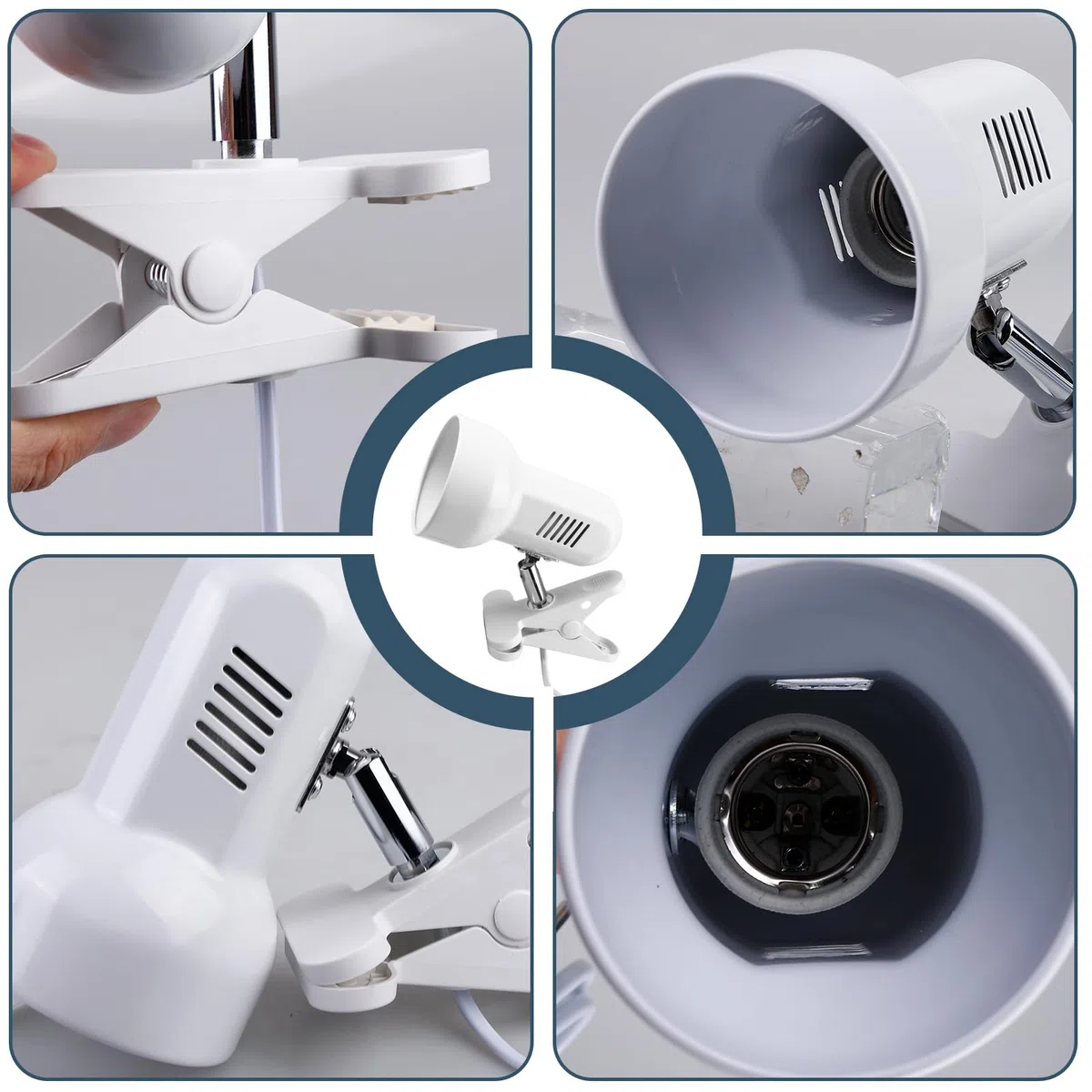 Klemmleuchte Verstellbar: E27 Fassung Keramiklampensockel Schreibtischlampe, Weiß Klemmlampe mit Stecker und Schalter, Nachttischlampe, für Lesen, Arbeiten und Lernen (Ohne Birne)