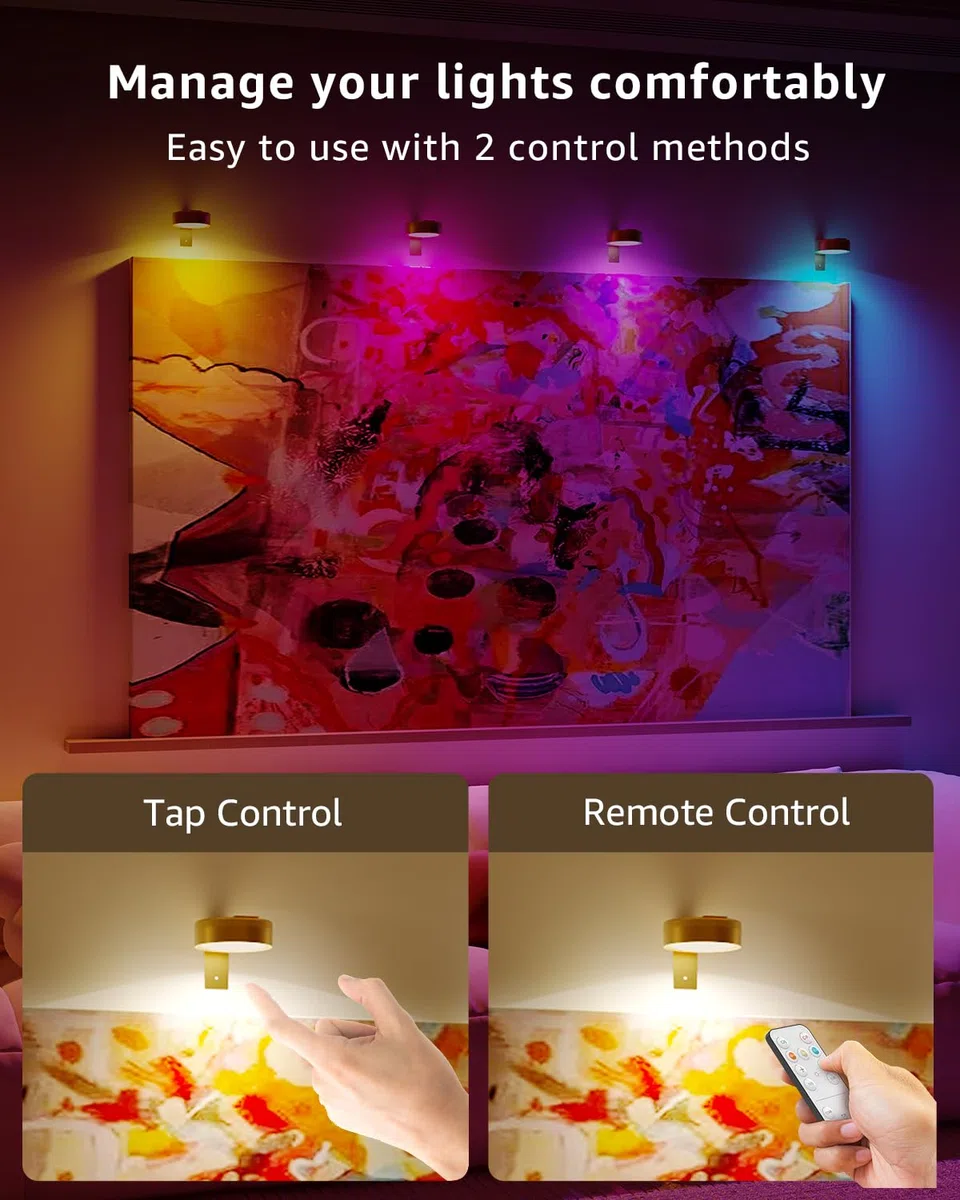 RGB Kabellose Bilderleuchte, 2600mAh Akku Bilderlampe Ohne Strom, LED Spot USB Aufladbar mit Fernbedienung, Bild Beleuchtung Wand Batterie Bilderrahmen Licht Magnetisch Bildbeleuchtung zum Kleben Gold