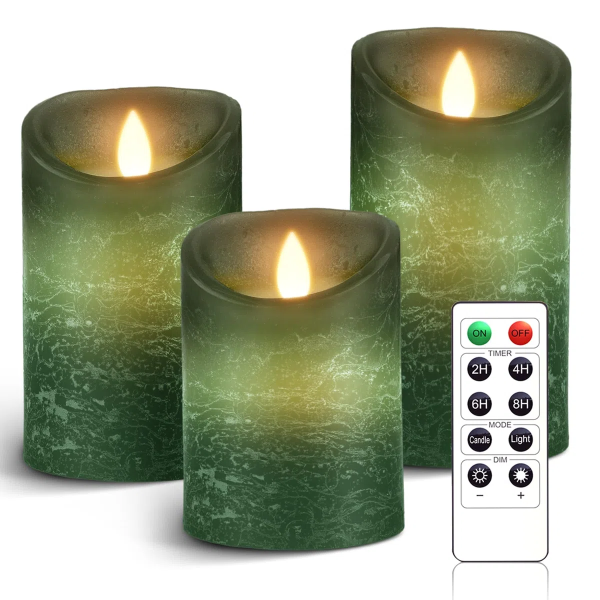 3 Set Grün LED Kerzen Batteriebetriebene mit Fernbedienung，Flammenlose Echtes Wachs Flackern Moving Wick Flackern Amber Yellow Light Pillar Candles，Unscented Wachs für Geschenk/Dekoration