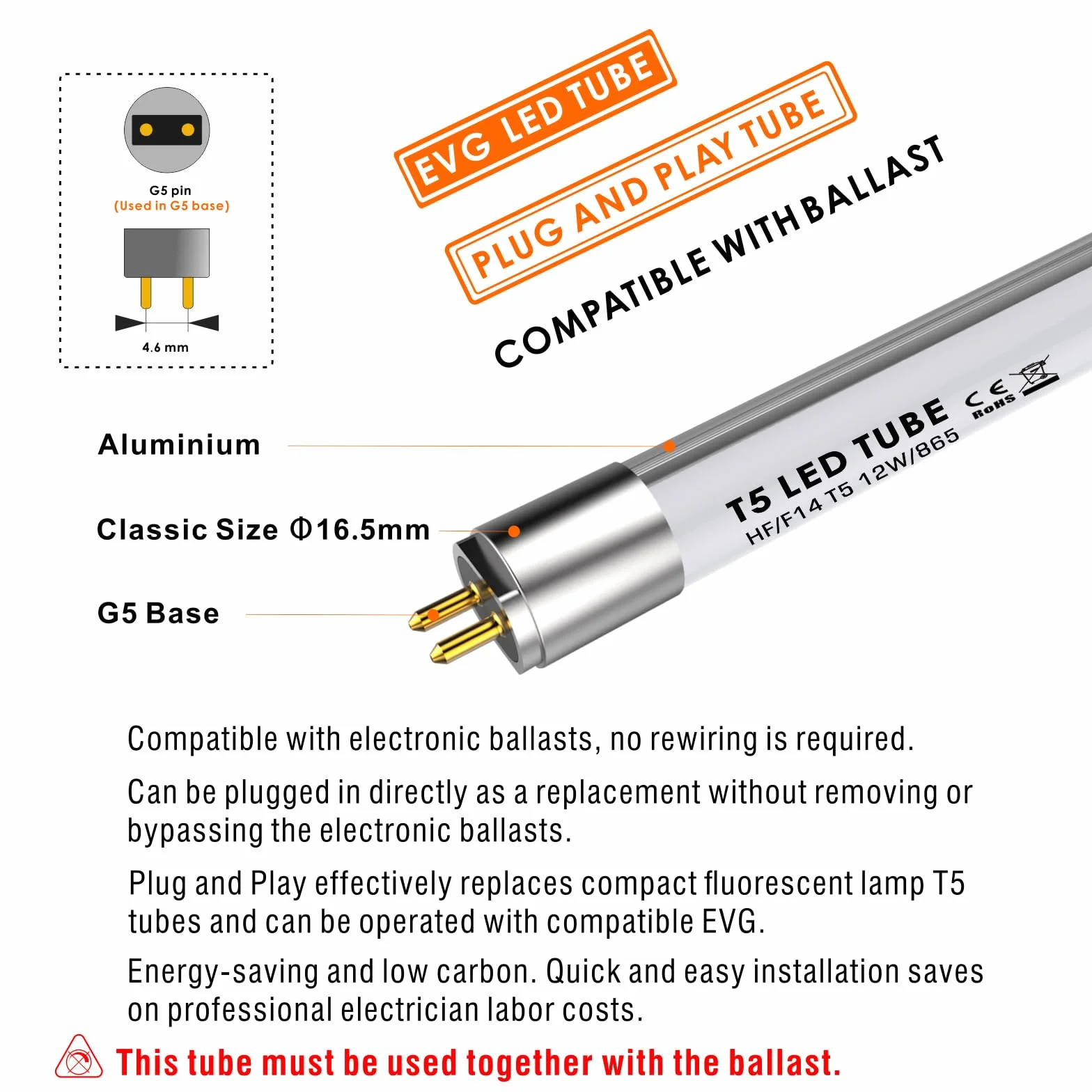 IHYCTV EVG LED Röhre T5 549mm, Tageslichtweiß, 6500K, F14T5, 12W, 1550lm, 140 Grad, Blendfrei, ersatz für leuchtstoffröhre mit G5 Sockel, 1 Stück