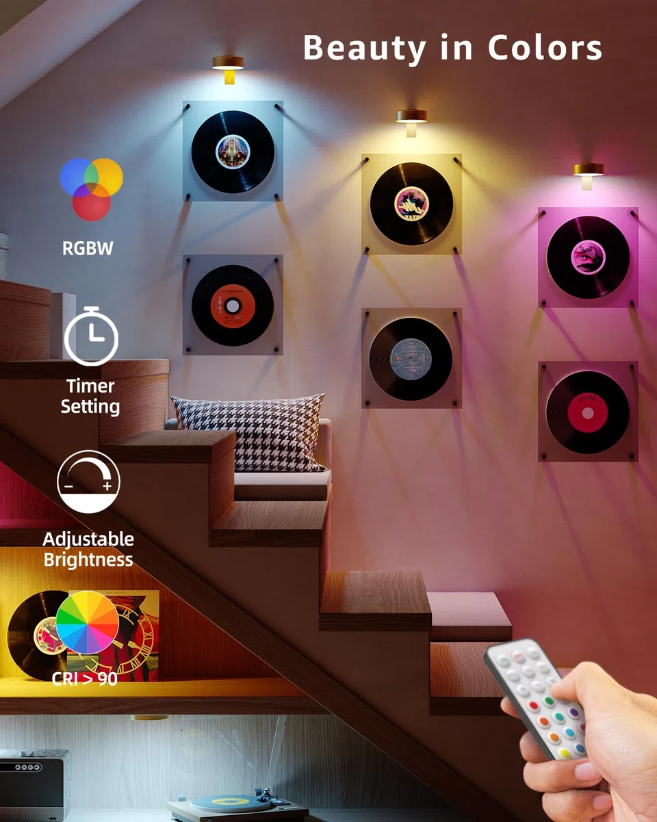 RGB Kabellose Bilderleuchte, 2600mAh Akku Bilderlampe Ohne Strom, LED Spot USB Aufladbar mit Fernbedienung, Bild Beleuchtung Wand Batterie Bilderrahmen Licht Magnetisch Bildbeleuchtung zum Kleben Gold