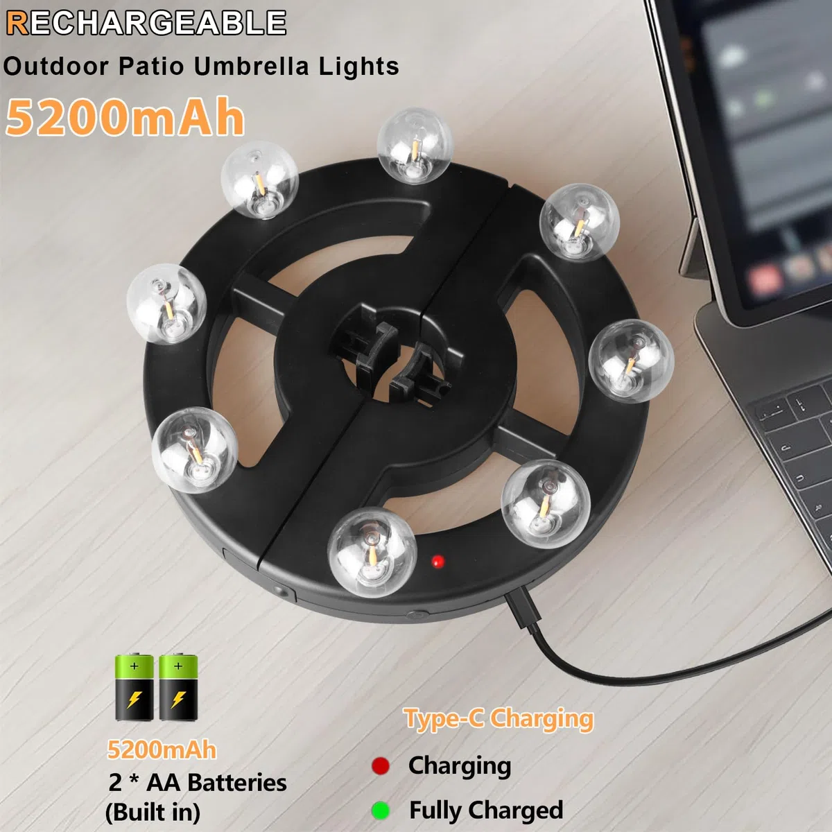 Regenschirm-Lichter für den Außenbereich, Terrasse, wiederaufladbar, kabellos, 8 LED-Lampen