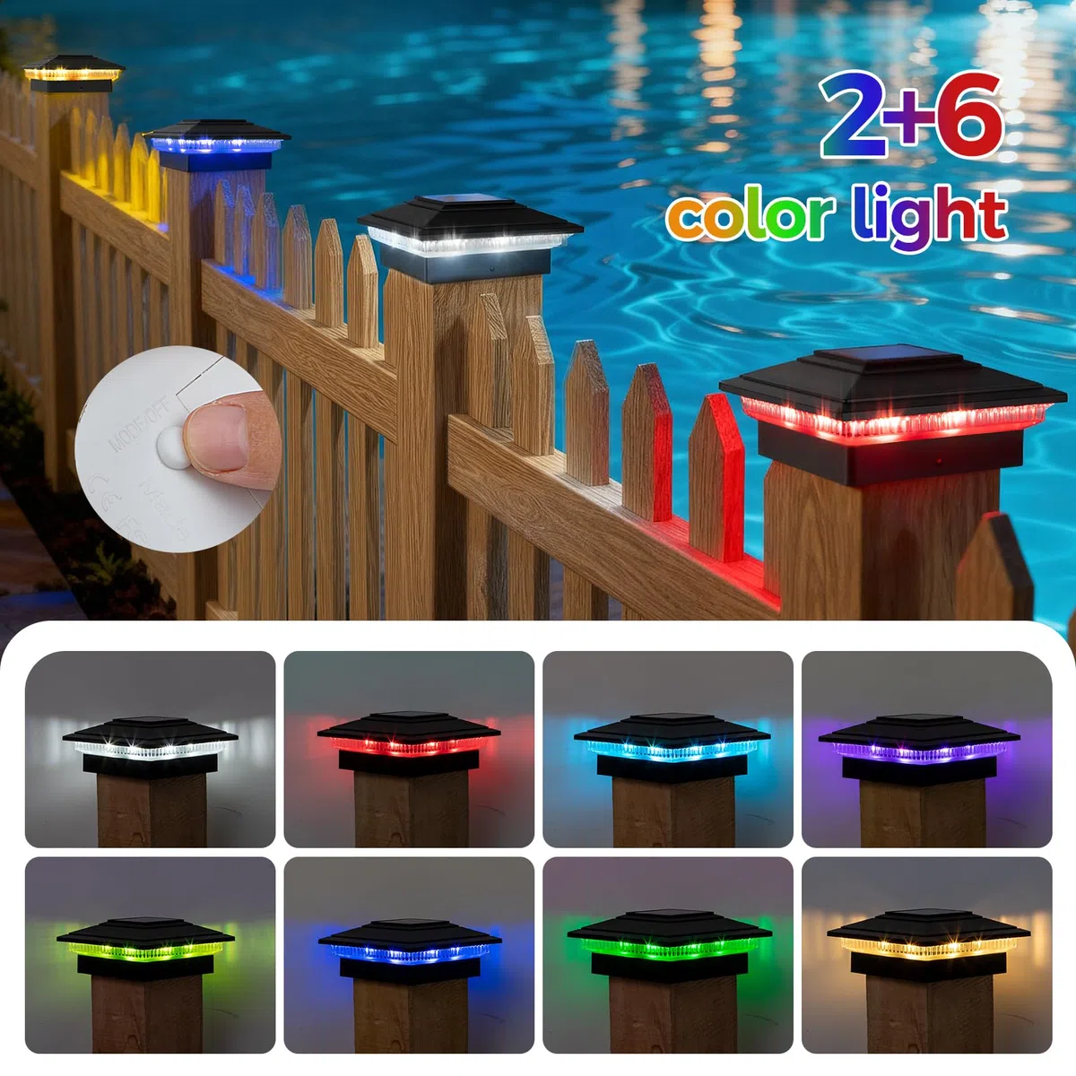 Solar-Pfostenkappenleuchten – 8 RGB-Farbwechsel-Modi und mehrfarbiger Fluss, IP65 wasserdicht – für 4 x 4/6 x 6 Holz & 4 x 4/5 x 5 Vinyl-Zaunpfosten – Außenterrasse, Gartenleuchten (schwarz), 16 Stück