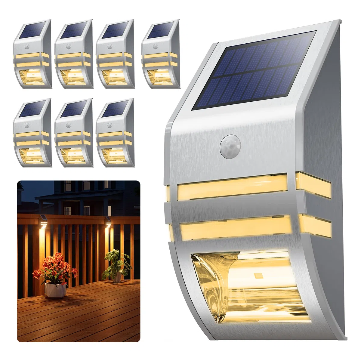 8 Stück Edelstahl Solar Zaunleuchten Outdoor Wasserdicht Bewegungsmelder Lichter für Terrasse Pfosten Deck Veranda Treppe Geländer Dock Gate