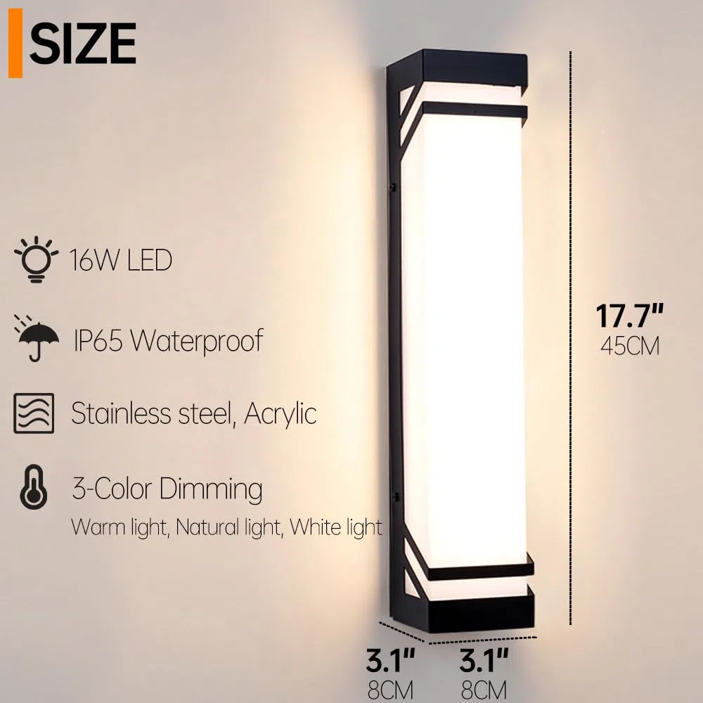 Wandleuchte für den Außenbereich, schwarz, lang, quadratisch, LED, mit weißem Acrylschirm, Veranda-Beleuchtung, dimmbar, Wandbeleuchtung für den Außenbereich, wasserdicht, für Leuchten von C