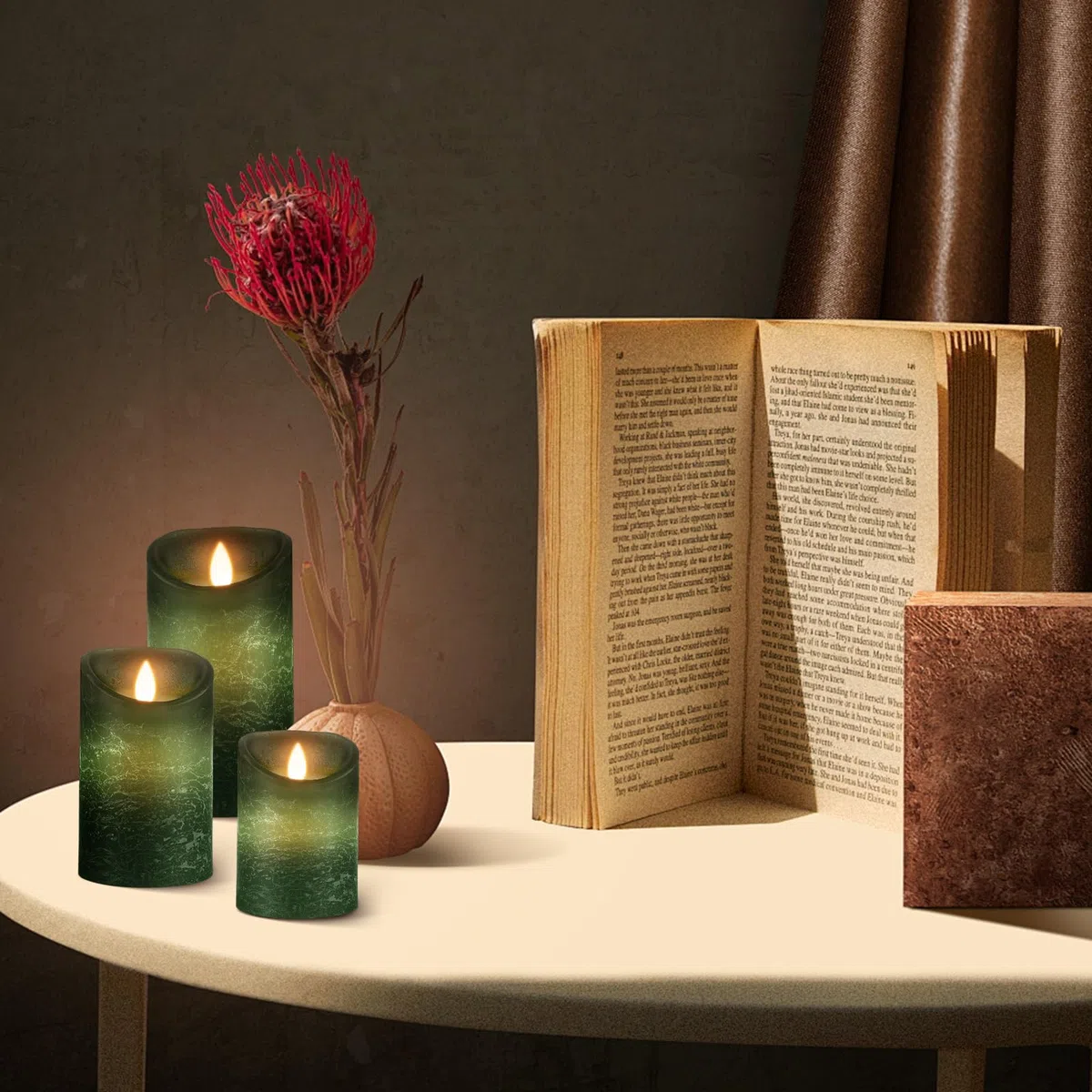 3 Set Grün LED Kerzen Batteriebetriebene mit Fernbedienung，Flammenlose Echtes Wachs Flackern Moving Wick Flackern Amber Yellow Light Pillar Candles，Unscented Wachs für Geschenk/Dekoration