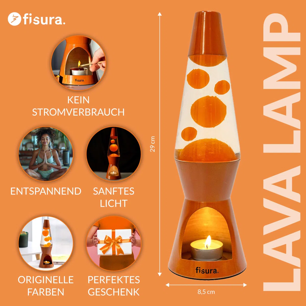 FISURA – Terrakotta Lavalampe ohne Strom. Umweltfreundliche Lampe. Originelles Geschenk. 29 cm x 8,5 cm (Kerze nicht enthalten), Orange/Abendrot im Zickzackmuster (Sunset Chevron)