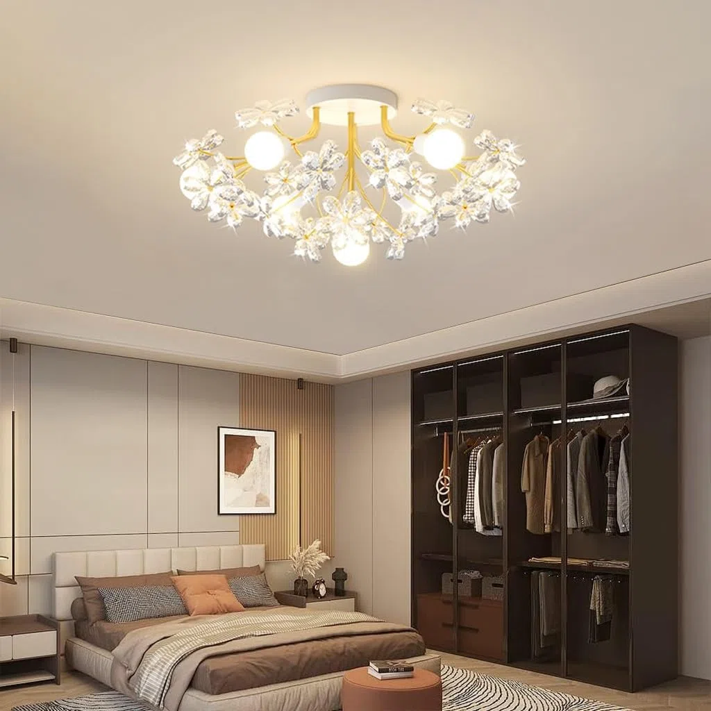 Deckenleuchte E27 Mittelalterliche dekorative Deckenlampe Kristall Löwenzahn Kreativer Kronleuchter Gold Eisen Lampenkörper Kücheninsellampe Geeignet für Schlafzimmer Wohnzimmer Hotelbar