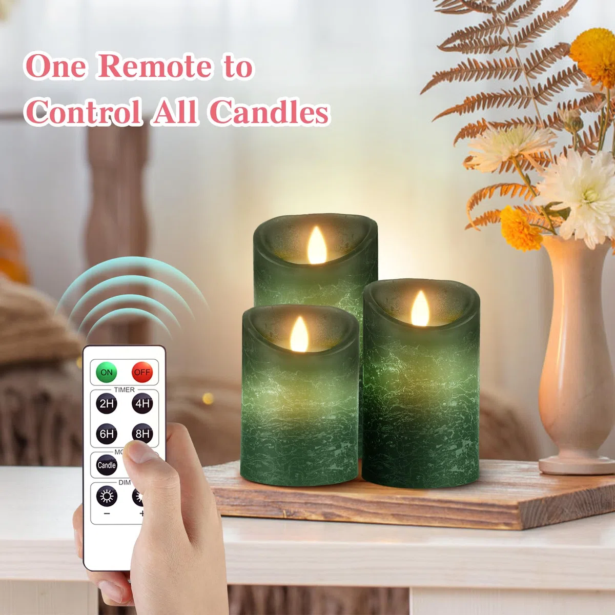 3 Set Grün LED Kerzen Batteriebetriebene mit Fernbedienung，Flammenlose Echtes Wachs Flackern Moving Wick Flackern Amber Yellow Light Pillar Candles，Unscented Wachs für Geschenk/Dekoration