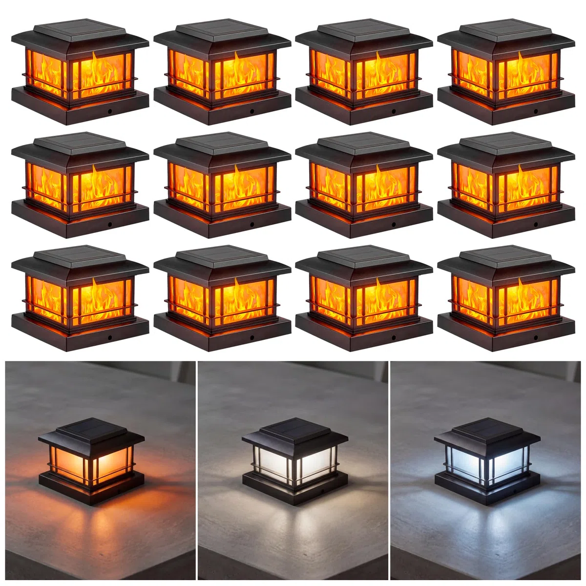 JOFIOS - Blinkende Solarleuchten für den Außenbereich, schwarze Pfostenleuchten mit 3 Farbtemperaturen, passt auf Holz/Vinyl-Pfosten von 3,5 Zoll, 4,5 Zoll, 5 Zoll, Holzpfosten