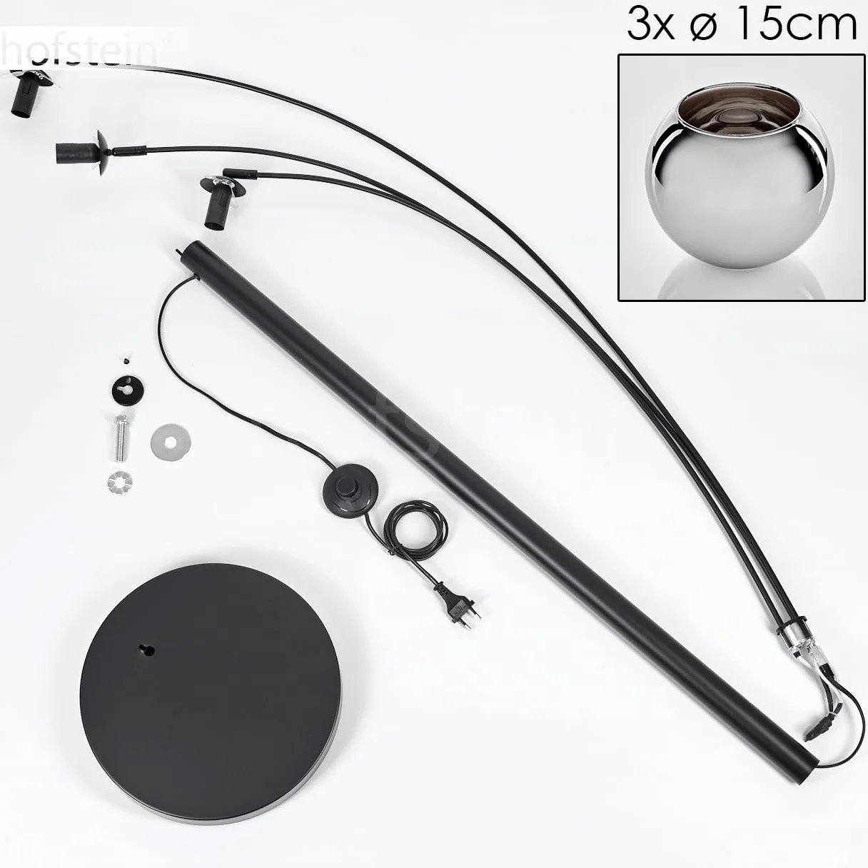 Stehleuchte Koyoto, Stehlampe aus Metall/Glas in Schwarz/Chromfarben, Leuchte im modernen Retro/Vintage-Design mit Schirmen aus Glas (Ø 15 cm) u. Fußschalter, Höhe 210 cm, 3 x E14, ohne Leuchtmittel