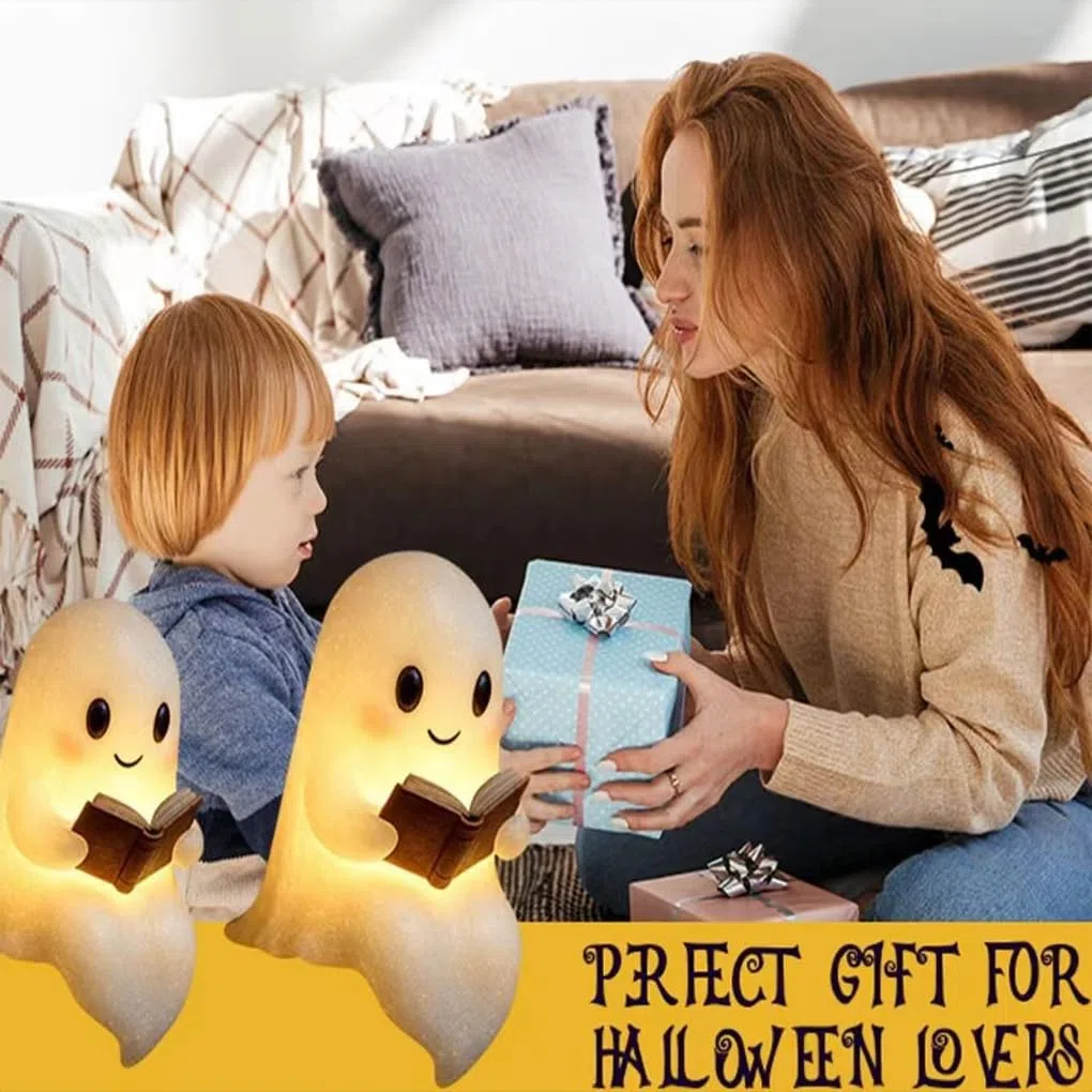 Gruselige Tischlampe Halloween LED Nachtlicht mit süßen Geistern Schlafzimmer Lesen süße Geister Leselampe Harz Schreibtischlicht, 15 * 11.5 * 21 cm