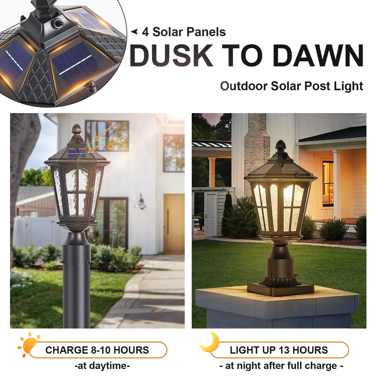 2 Stück Solarleuchte für den Außenbereich, Pfostenleuchte mit Pier Mount Base, Dämmerung bis Morgendämmerung, Aluminium, klassische Außenpolleuchten mit Wasserwellen-Glas, Solar-Säulenleuchten für