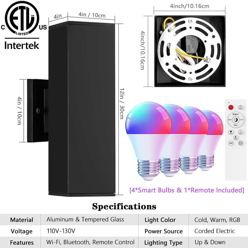 KIZON - 2 Stück intelligente Veranda-Lichter, moderne Außenleuchten, Farbwechsel-App-Steuerung mit Fernbedienung, dimmbare RGB-Wandleuchten für