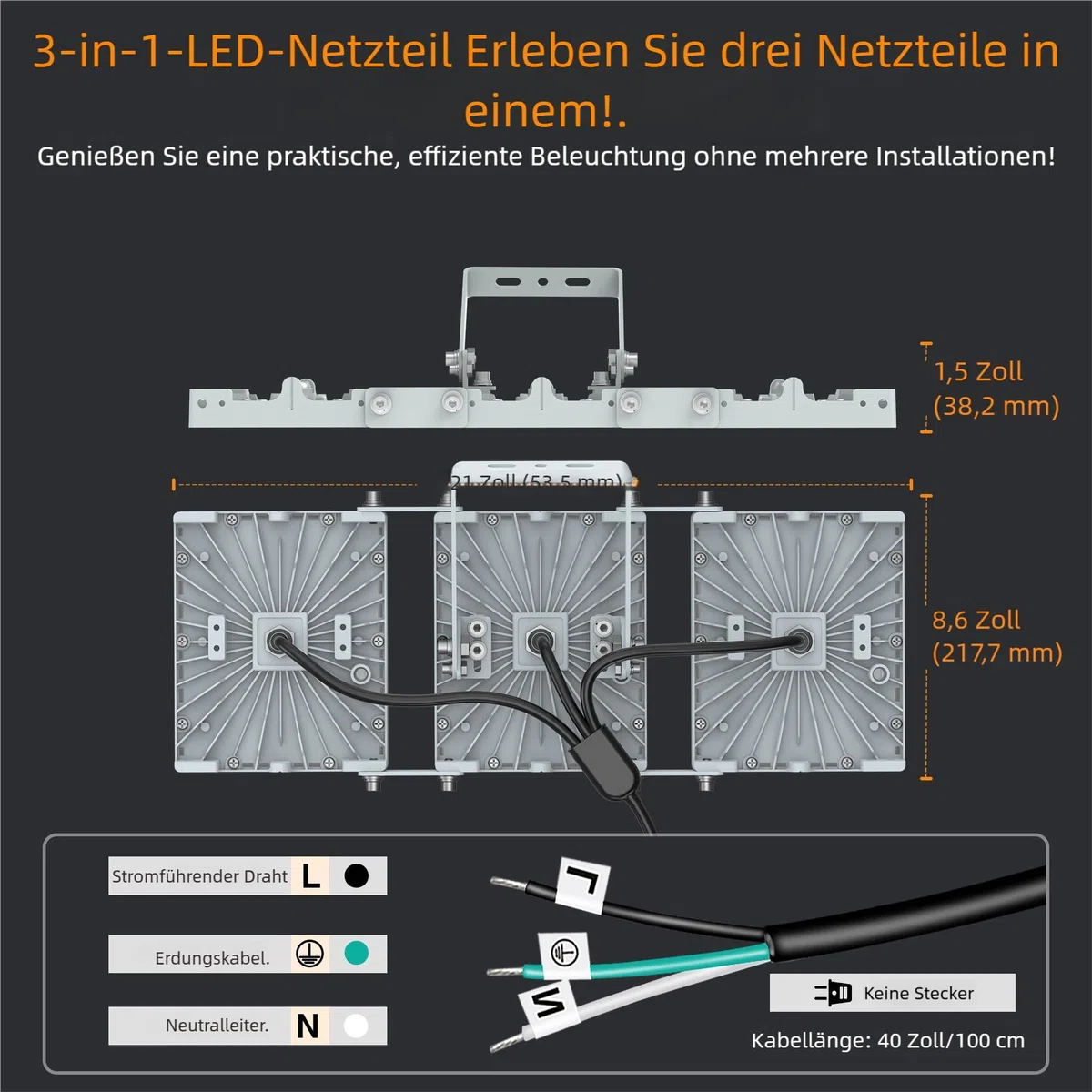 SOLLA-2025 Lite 300W LED Außenflutlicht, 30000LM, 6000K Tageslichtweiß IP66 Wasserdicht, 3 Köpfe Verstellbares Außen-Sicherheitsbeleuchtung für Parkplätze, Höfe, Baustelle-Grau