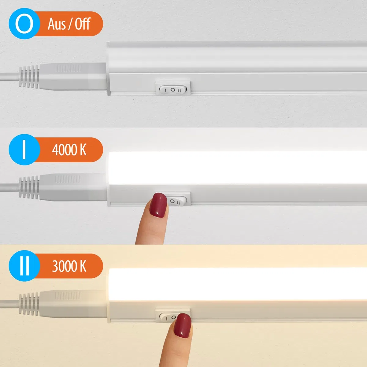 ledscom.de LED Unterbauleuchte RIGEL, Farbtemperatur einstellbar, Stecker, 87cm, 10,1 W, 1122lm, warmweiß/weiß