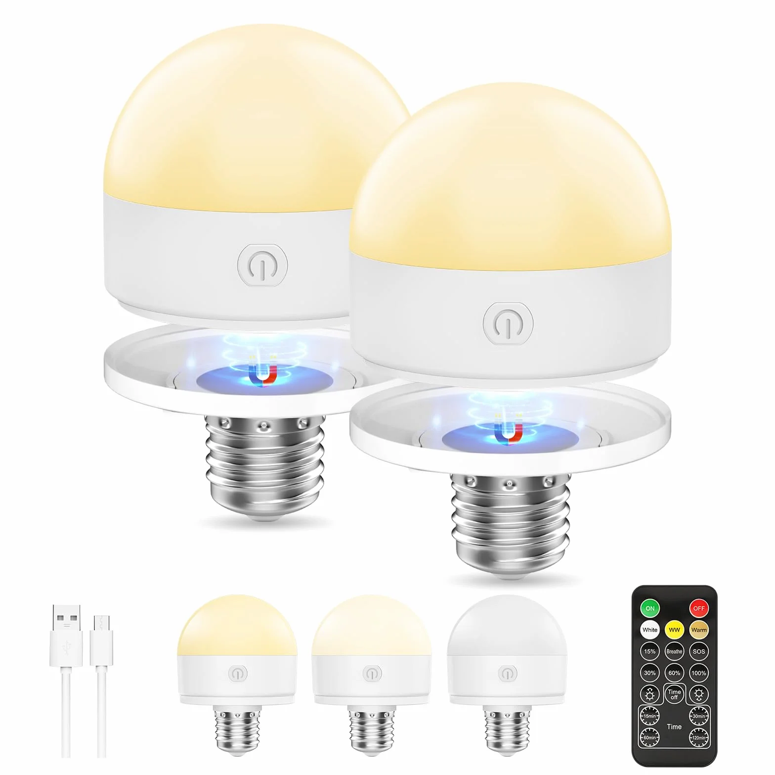 Suright 2 Stück Wiederaufladbare Glühbirne mit Batterie, E27 LED 3 Farben Dimmbare Abnehmbare Akku Glühbirne mit Fernbedienung und Timing für Nicht Verkabelte Dekoration Lampen