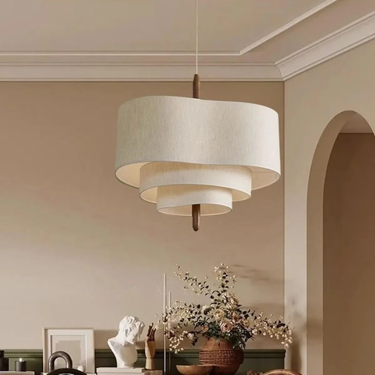 NVKE Wabi-Sabi-Hängelampe Moderne Pendelleuchte Für Esszimmer E27 Verstellbares Hängeleuchte Kabel Leinenschirm Hängendes Licht Für Schlafzimmer Wohnzimmer Flur Küche Lampe(45CM)