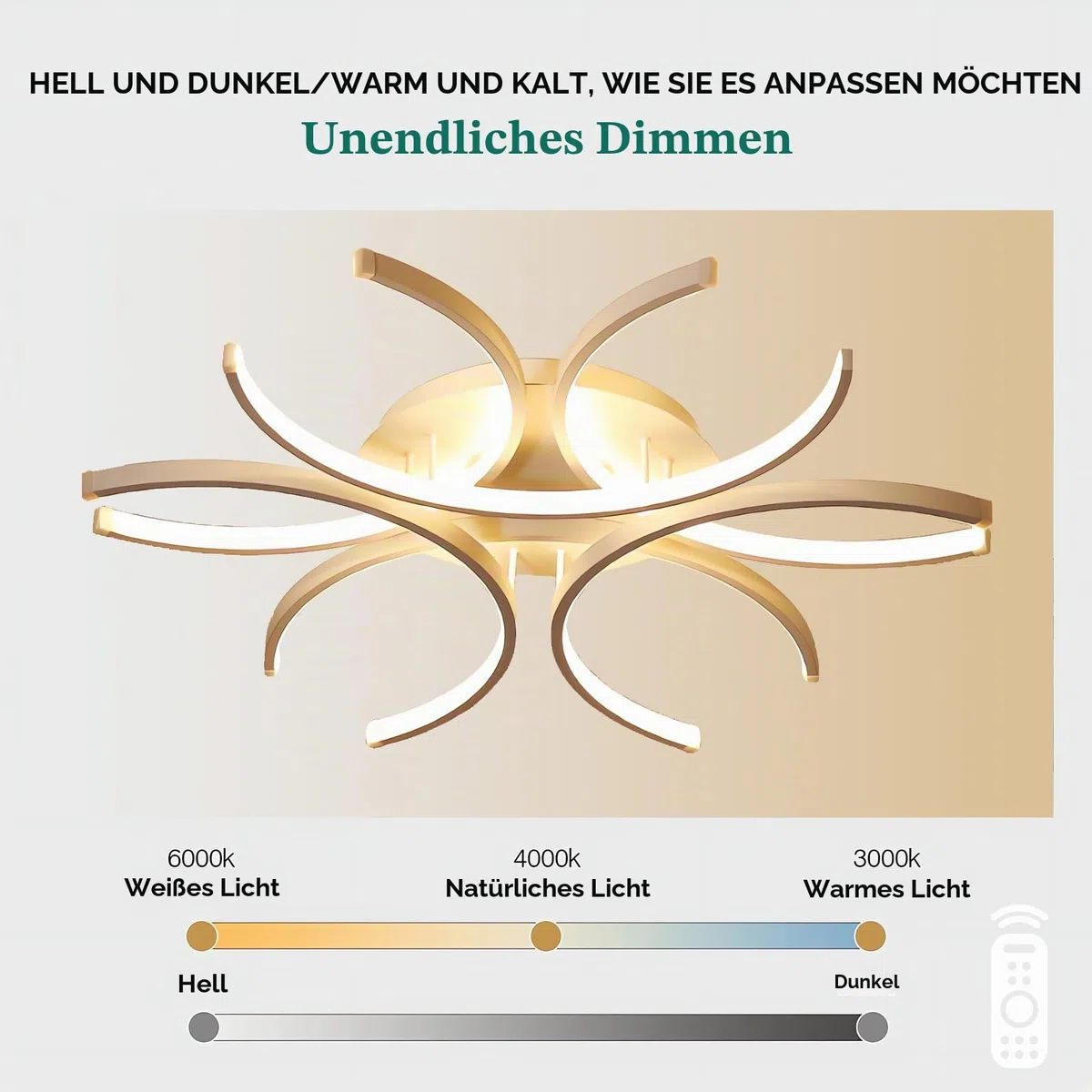 LED Deckenleuchte Modern, Heterotype Designer Lampe mit Fernbedienung, Dimmbar 0-100% Memory-Funktion, Deckenbeleuchtung in Gold 80cm für Wohnzimmer Schlafzimmer Esszimmer (Gold, 80cm)