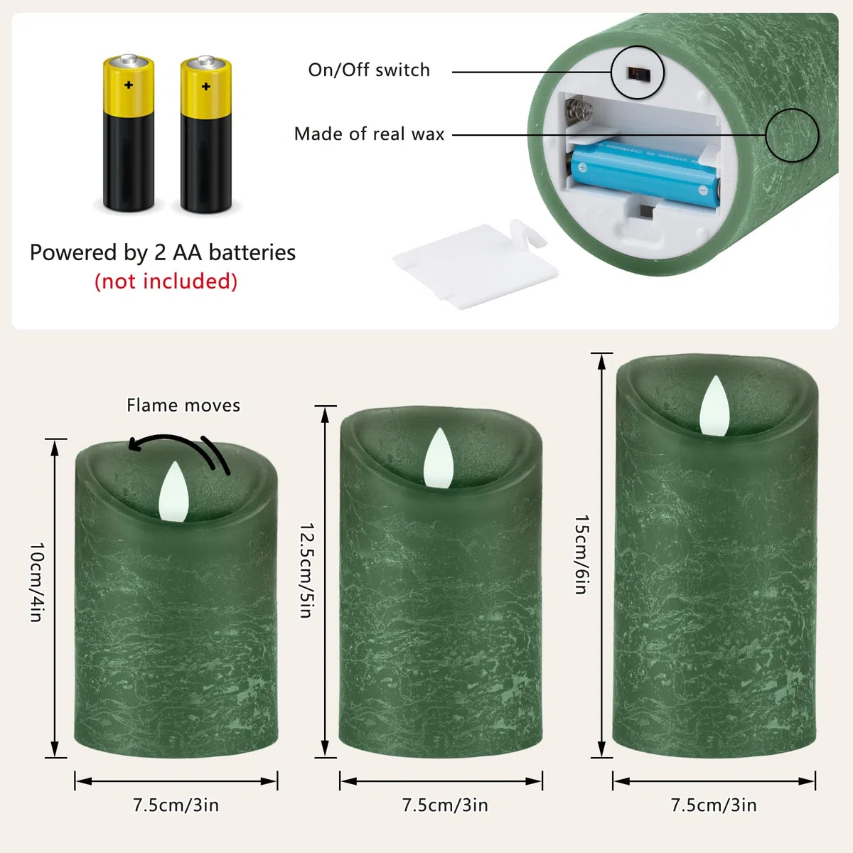 3 Set Grün LED Kerzen Batteriebetriebene mit Fernbedienung，Flammenlose Echtes Wachs Flackern Moving Wick Flackern Amber Yellow Light Pillar Candles，Unscented Wachs für Geschenk/Dekoration