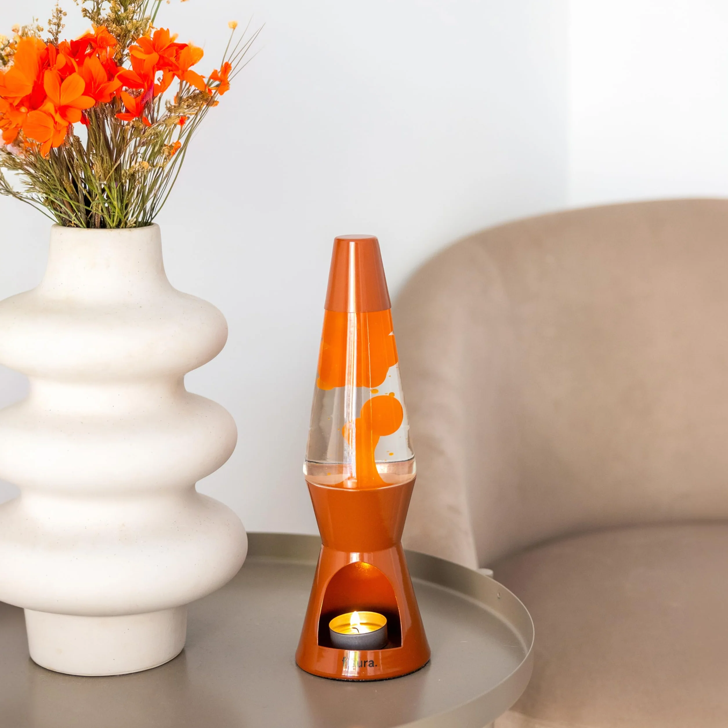 FISURA – Terrakotta Lavalampe ohne Strom. Umweltfreundliche Lampe. Originelles Geschenk. 29 cm x 8,5 cm (Kerze nicht enthalten), Orange/Abendrot im Zickzackmuster (Sunset Chevron)