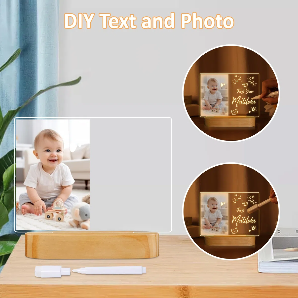 CooPark LED Notiztafel Nachtlicht, Personalisierte Bilderrahmen Lampe aus Acryl mit Löschbarer Stift, DIY Schreiben Abwischbare Nachrichtentafel Schlafzimmer Büro Dekor, Kindertag Geschenk für Kinder