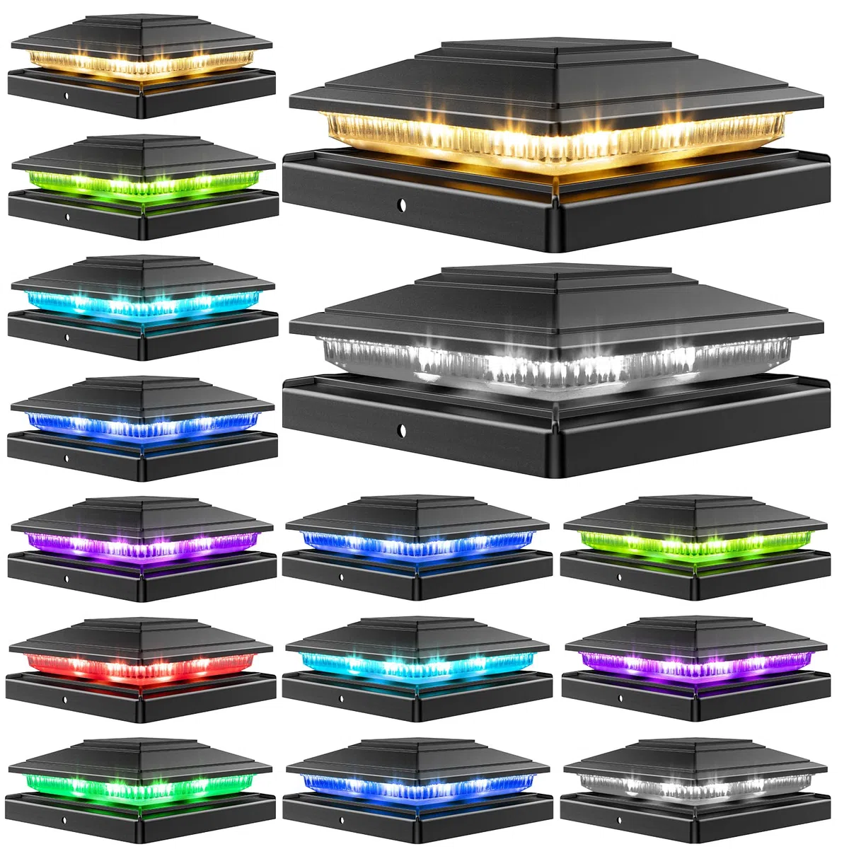 Solar-Pfostenkappenleuchten – 8 RGB-Farbwechsel-Modi und mehrfarbiger Fluss, IP65 wasserdicht – für 4 x 4/6 x 6 Holz & 4 x 4/5 x 5 Vinyl-Zaunpfosten – Außenterrasse, Gartenleuchten (schwarz), 16 Stück