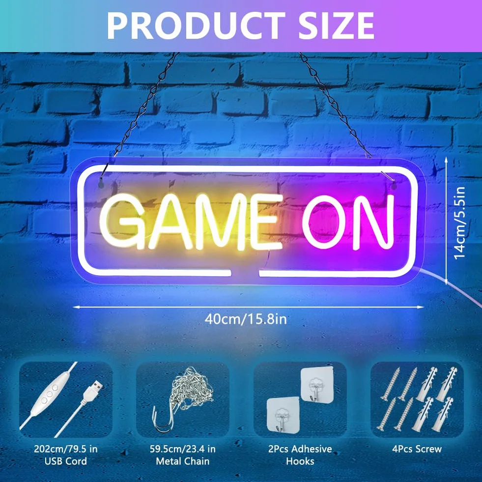 GAME ON Neon Licht,LED Neon Schild,USB Betrieben,Spiel Schriftzug Leuchtreklame,Brief Neon Light Sign für Bier Bar Resturant Game Room Wanddekoration