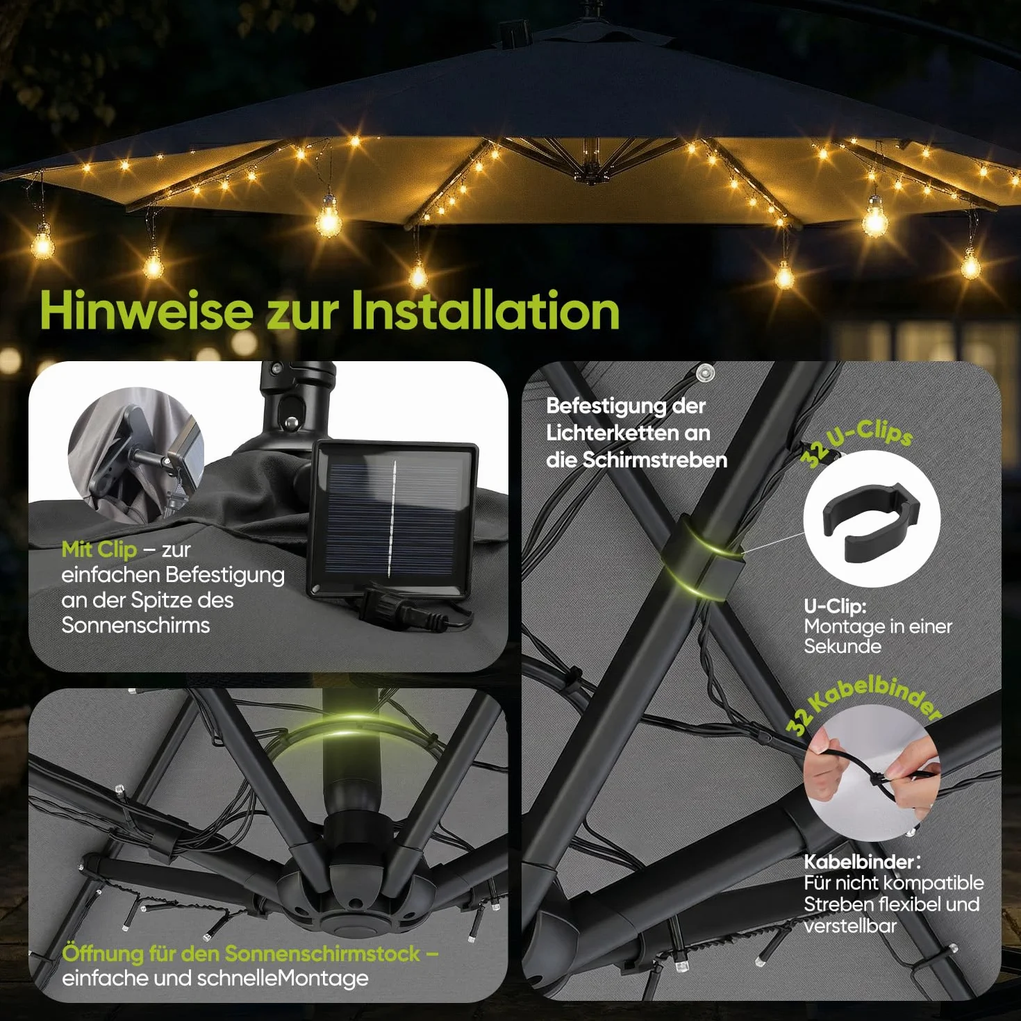 Sekey Sonnenschirm Beleuchtung Solar LED Lichterkette mit 136 LEDs & 8 Glühbirnen, Fernbedienung 8 Modi, Garten Terrasse Party Deko Licht für Ampelschirm und Sonnenschirm